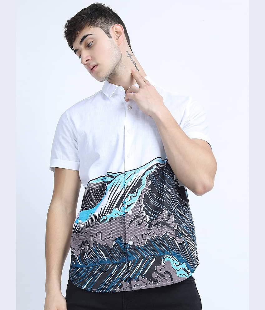 Ketch 100% Cotton Slim Fit Printed Half Sleeves Men's Casual Shirt - White ( Pack of 1 )
