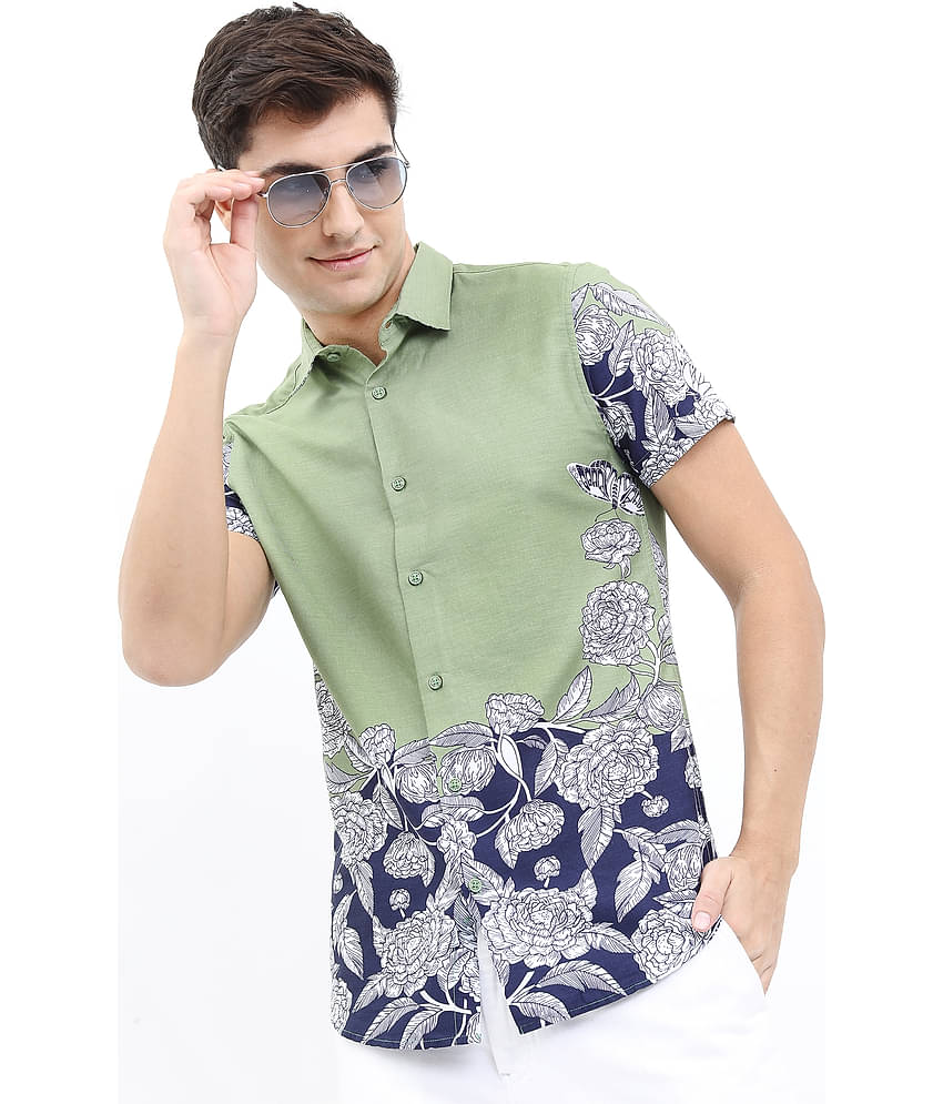 Ketch 100% Cotton Slim Fit Printed Half Sleeves Men's Casual Shirt - Olive ( Pack of 1 )