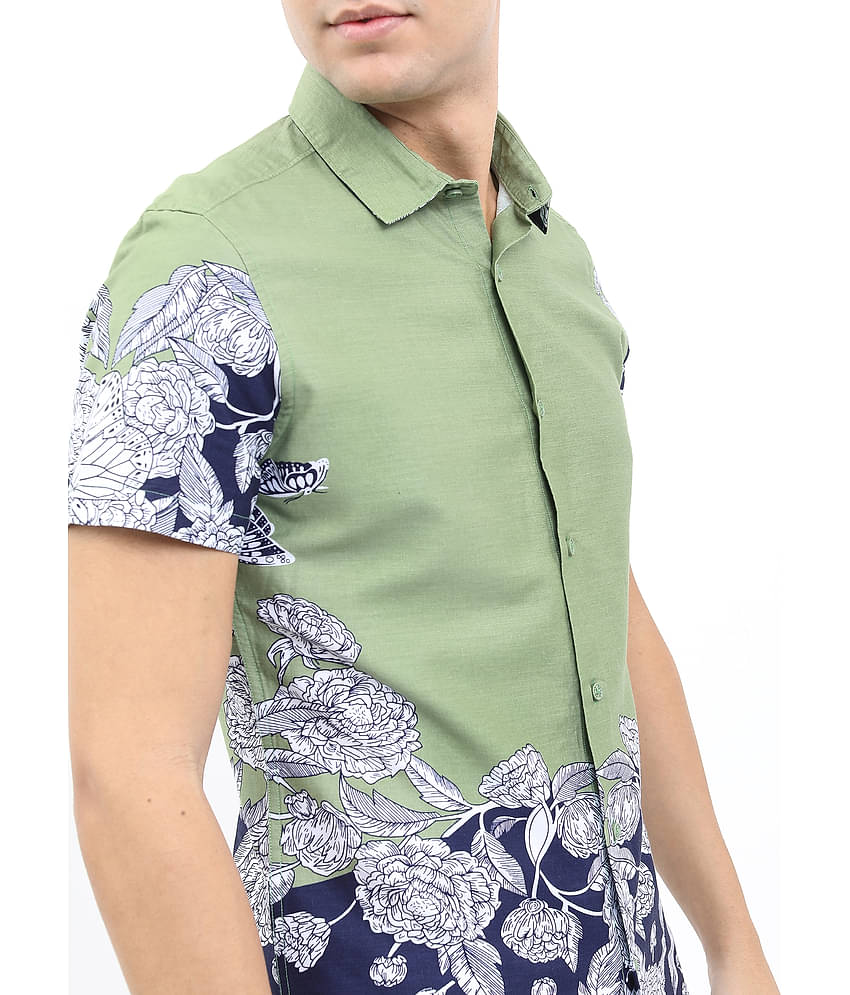 Ketch 100% Cotton Slim Fit Printed Half Sleeves Men's Casual Shirt - Olive ( Pack of 1 )