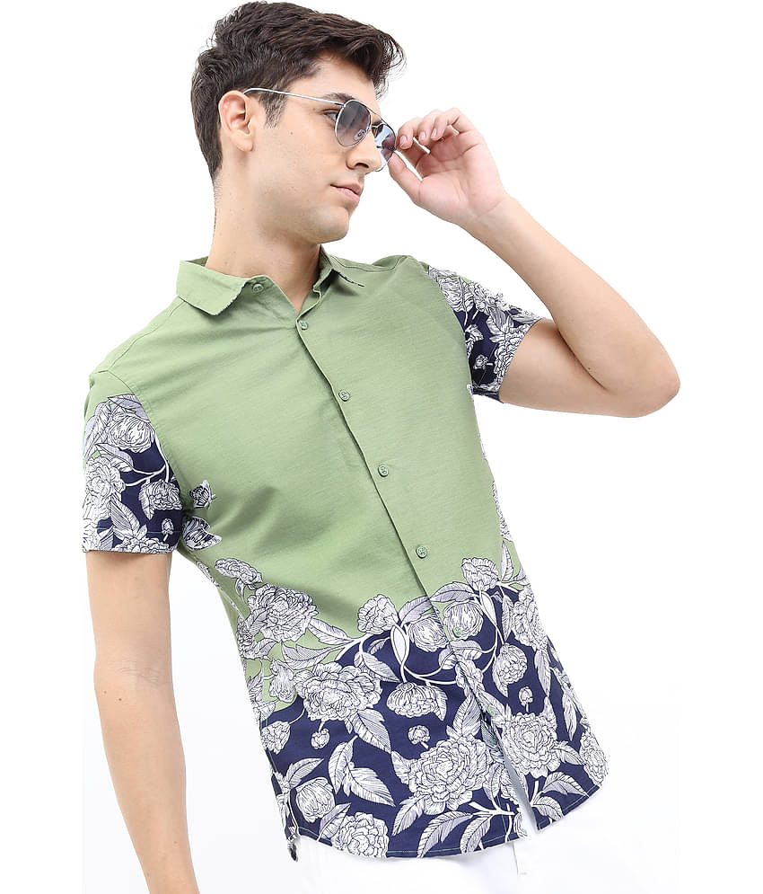 Ketch 100% Cotton Slim Fit Printed Half Sleeves Men's Casual Shirt - Olive ( Pack of 1 )