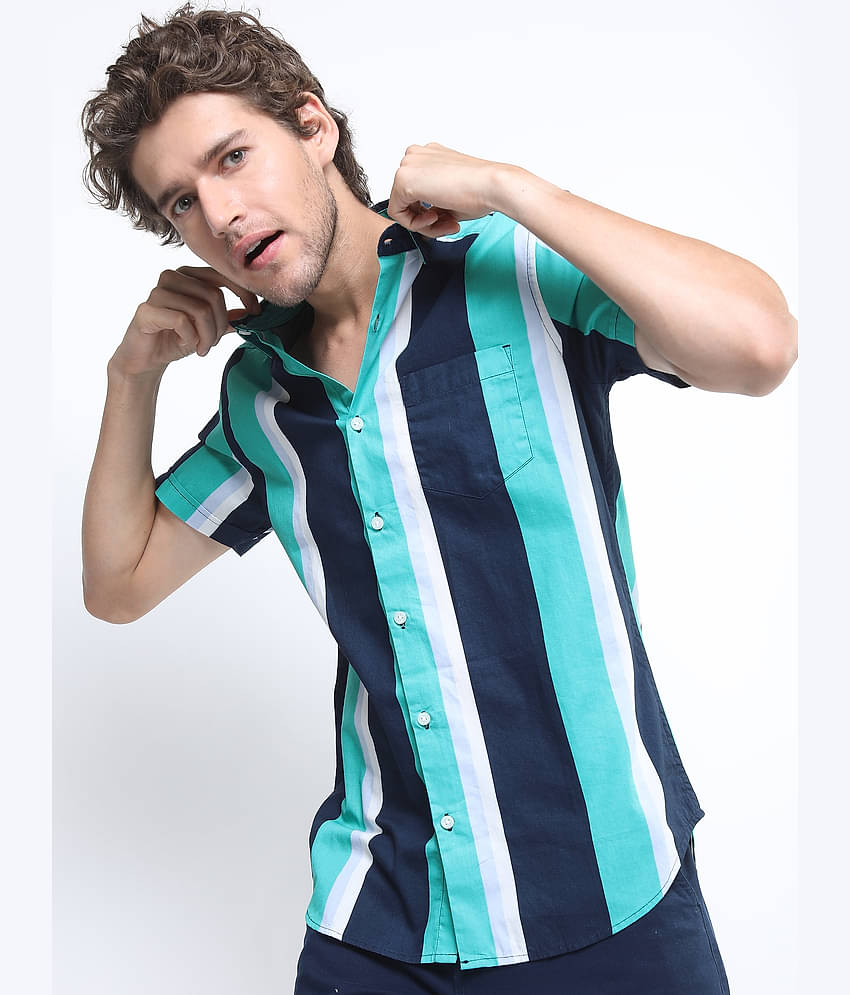 Ketch 100% Cotton Slim Fit Striped Half Sleeves Men's Casual Shirt - Navy Blue ( Pack of 1 )