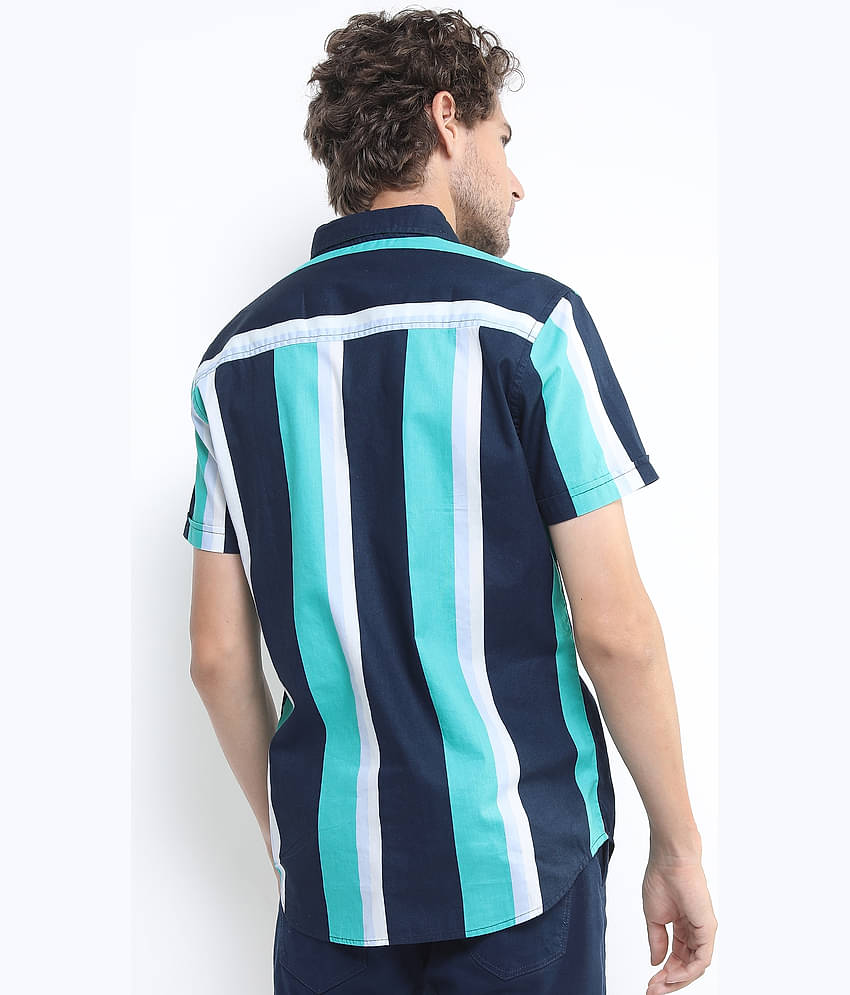 Ketch 100% Cotton Slim Fit Striped Half Sleeves Men's Casual Shirt - Navy Blue ( Pack of 1 )