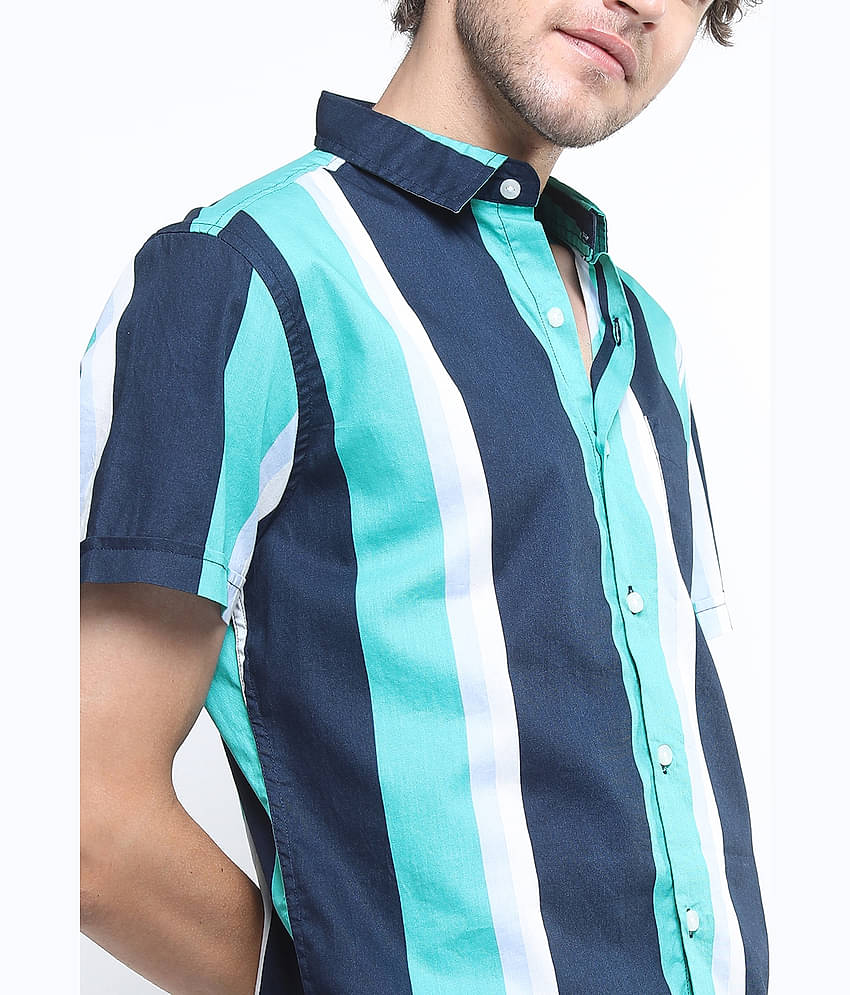 Ketch 100% Cotton Slim Fit Striped Half Sleeves Men's Casual Shirt - Navy Blue ( Pack of 1 )