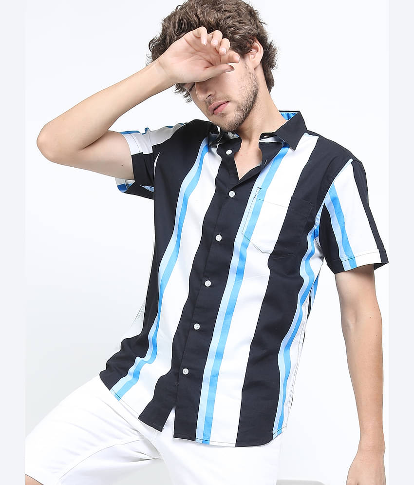 Ketch 100% Cotton Slim Fit Striped Half Sleeves Men's Casual Shirt - Navy Blue ( Pack of 1 )