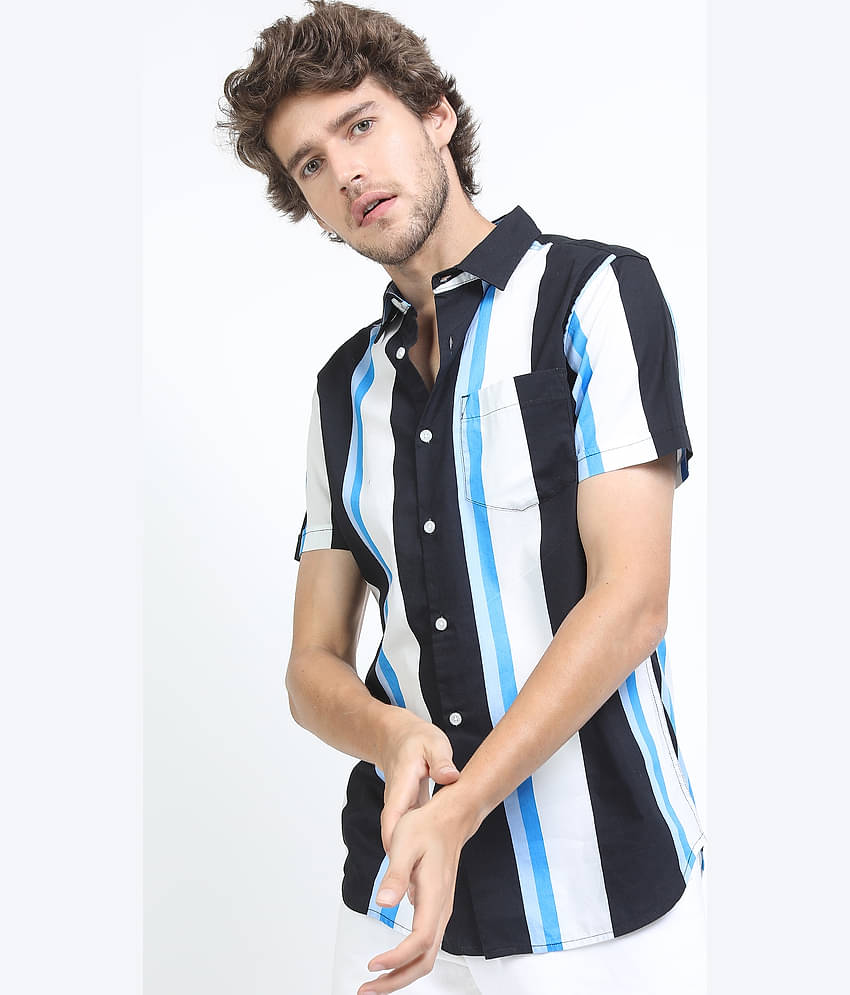 Ketch 100% Cotton Slim Fit Striped Half Sleeves Men's Casual Shirt - Navy Blue ( Pack of 1 )