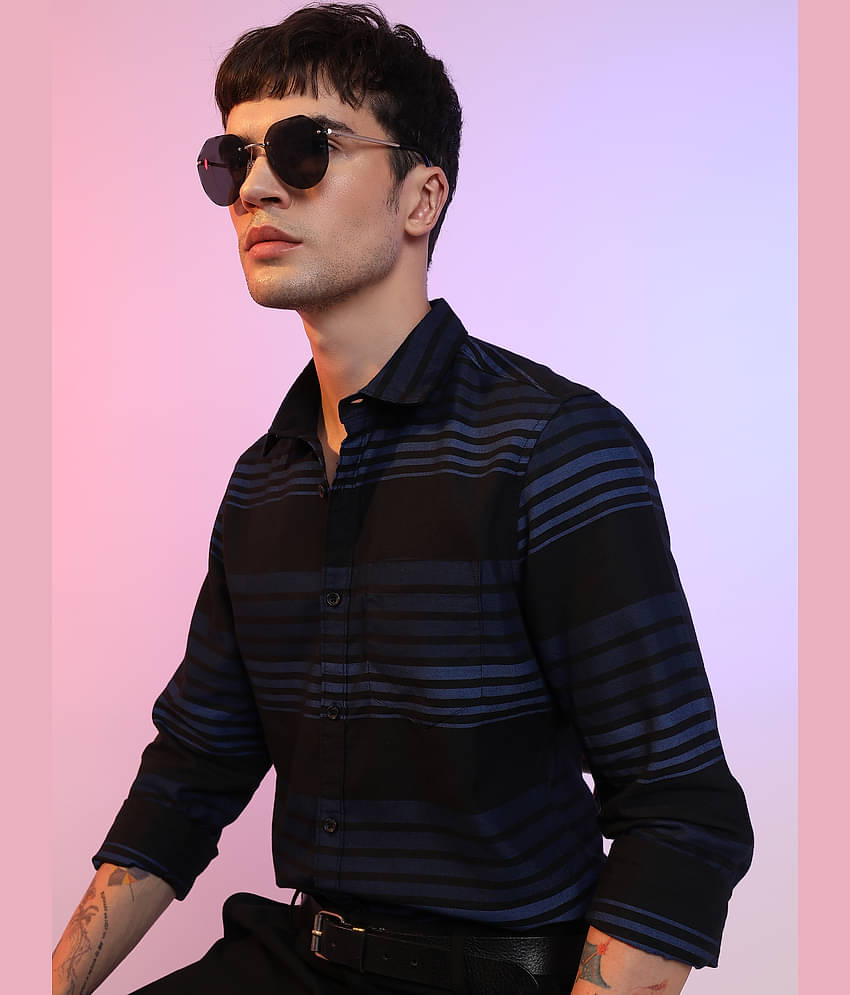 Ketch Cotton Blend Slim Fit Striped Full Sleeves Men's Casual Shirt - Black ( Pack of 1 )