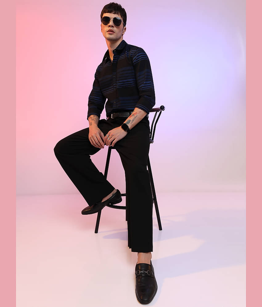 Ketch Cotton Blend Slim Fit Striped Full Sleeves Men's Casual Shirt - Black ( Pack of 1 )