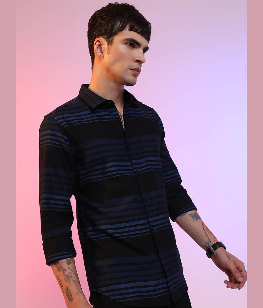 Ketch Cotton Blend Slim Fit Striped Full Sleeves Men's Casual Shirt - Black ( Pack of 1 )