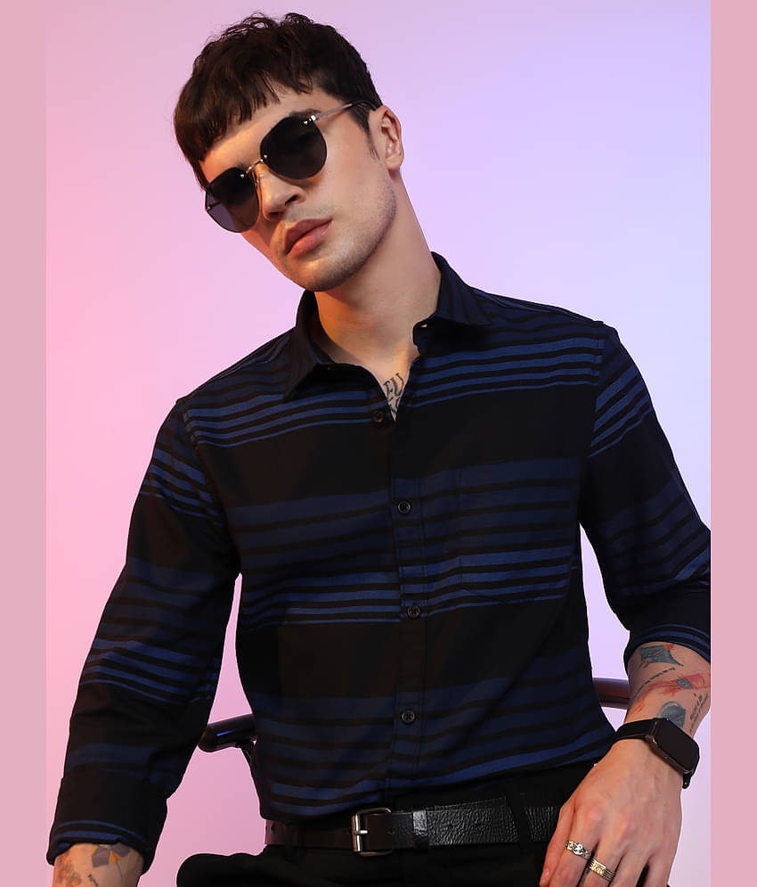 Ketch Cotton Blend Slim Fit Striped Full Sleeves Men's Casual Shirt - Black ( Pack of 1 )