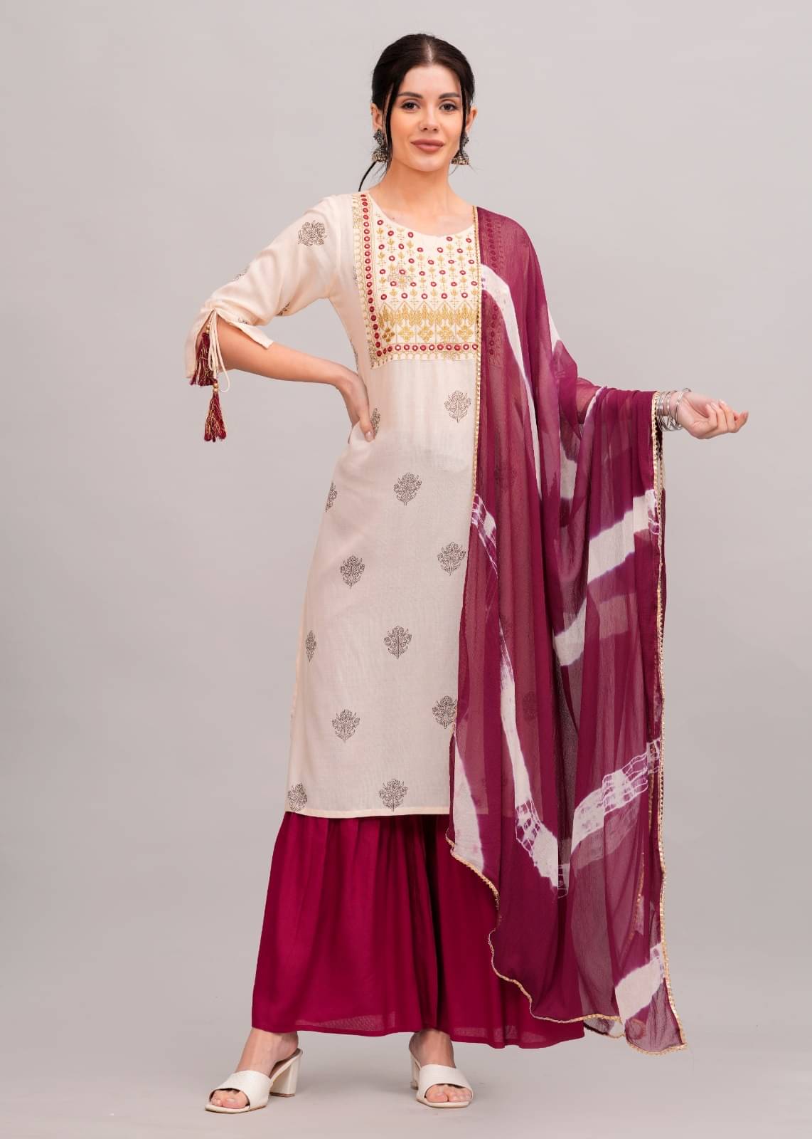     			MAUKA Rayon Embellished Kurti With Sharara And Gharara Women's Stitched Salwar Suit - Cream ( Pack of 1 )