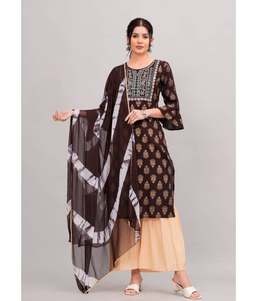 MAUKA Rayon Embroidered Kurti With Sharara And Gharara Women's Stitched Salwar Suit - Brown ( Pack of 1 ) MAUKA Rayon Embroidered Kurti With Sharara And Gharara Women's Stitched Salwar Suit - Brown ( Pack of 1 )