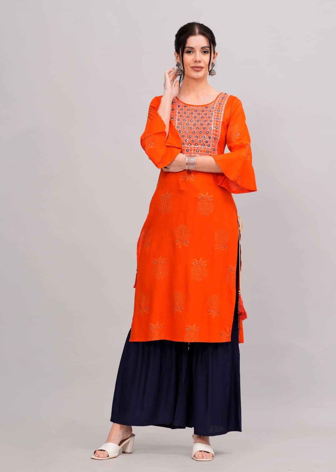MAUKA Rayon Embroidered Kurti With Sharara And Gharara Women's Stitched Salwar Suit - Orange ( Pack of 1 ) MAUKA Rayon Embroidered Kurti With Sharara And Gharara Women's Stitched Salwar Suit - Orange ( Pack of 1 )
