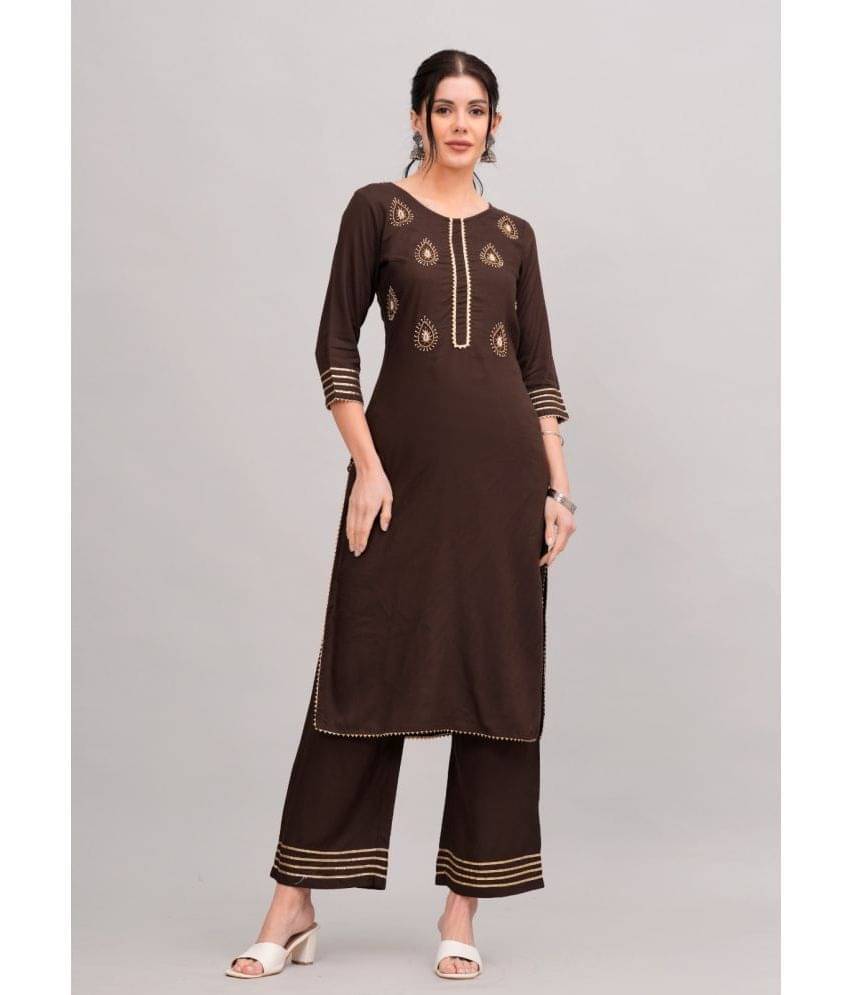     			MAUKA Rayon Embroidered Kurti With Palazzo Women's Stitched Salwar Suit - Brown ( Pack of 1 )