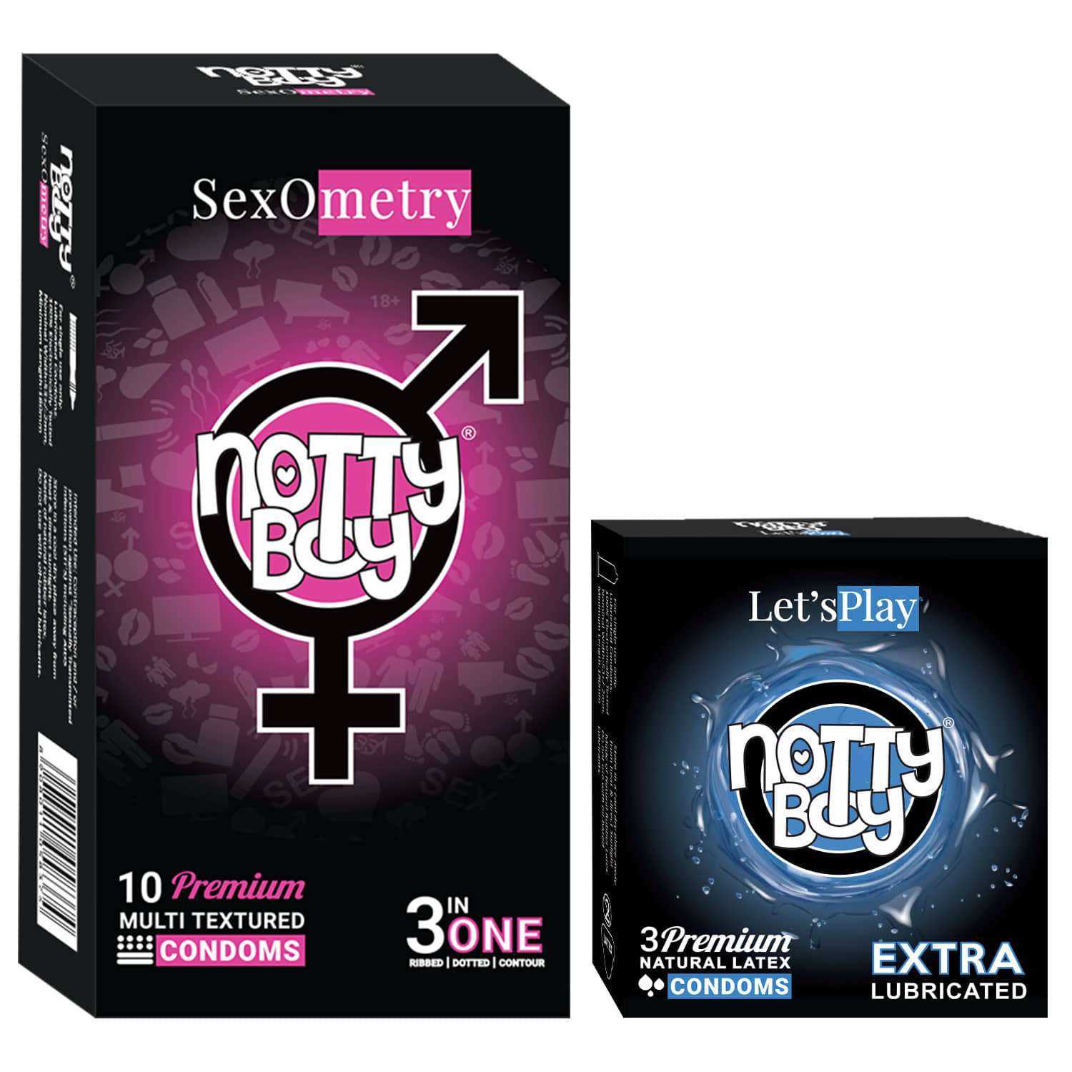 NottyBoy 3-In-One Ribbed Dotted Contoured and Extra Lubricated Condoms - (Set of 2, 13 Pieces)