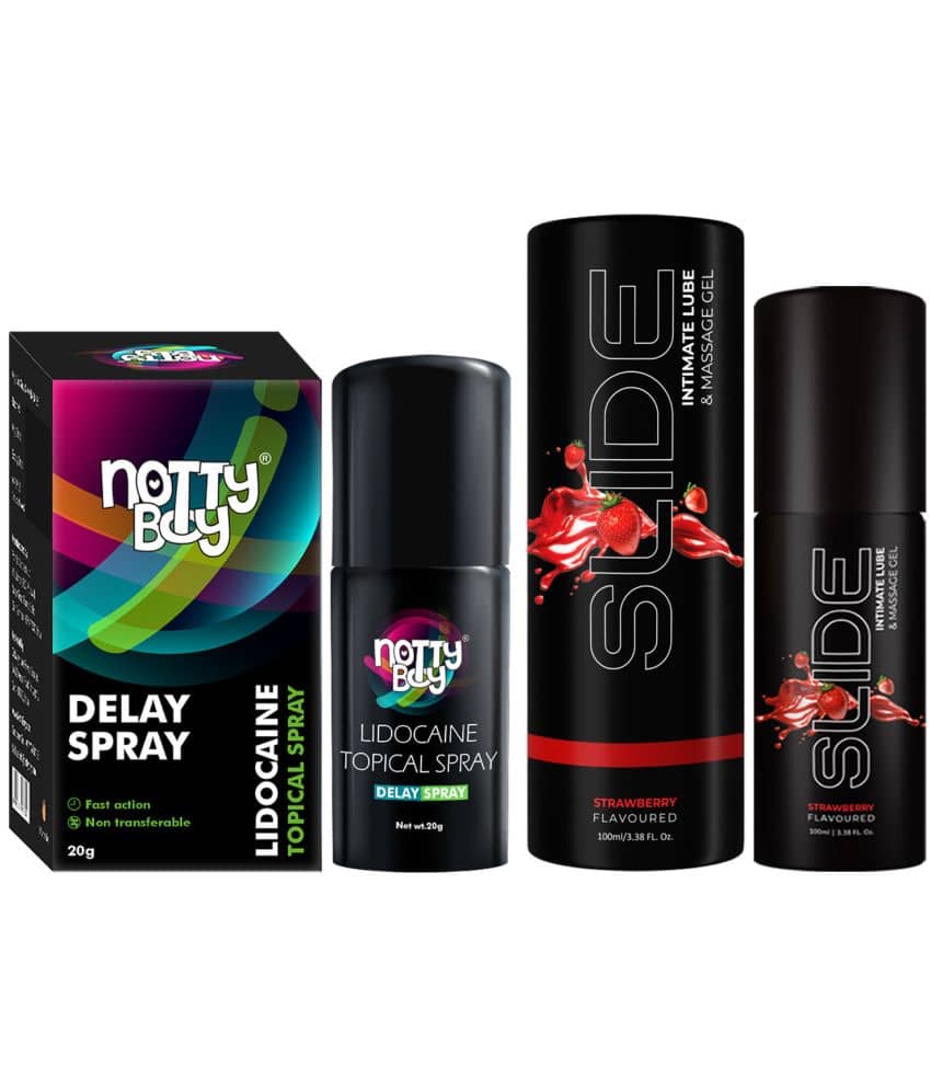 NottyBoy Delay Spray For Men 20g and NottyBoy Slide Intimate Lube & Massage Gel, Strawberry Flavoured, 2-in-1 Use, Water Based Lubricant (Pack of 2)