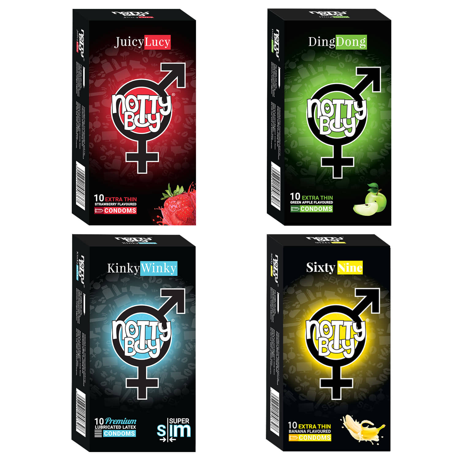 NottyBoy Multi Pack Strawberry, Banana Flavoured and Ultra Slim Condoms - 40 Unit