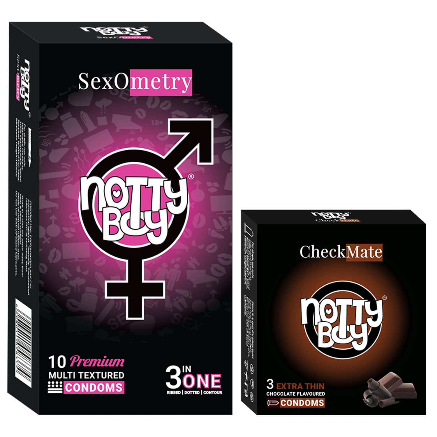 NottyBoy Ribs Dots Contour and Sweet Chocolate Flavour Condoms - (Set of 2, 13 Pieces)