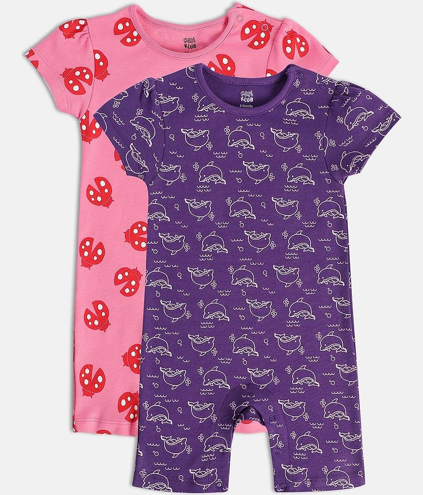 miniklub Multicolor Cotton Rompers For Baby Girl ( Pack of 2 )