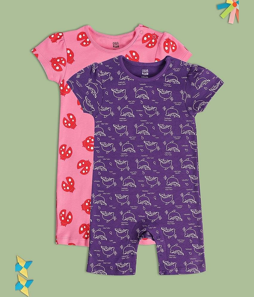 miniklub Multicolor Cotton Rompers For Baby Girl ( Pack of 2 )