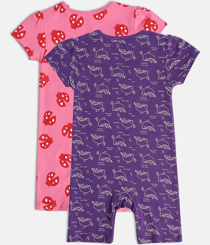 miniklub Multicolor Cotton Rompers For Baby Girl ( Pack of 2 )