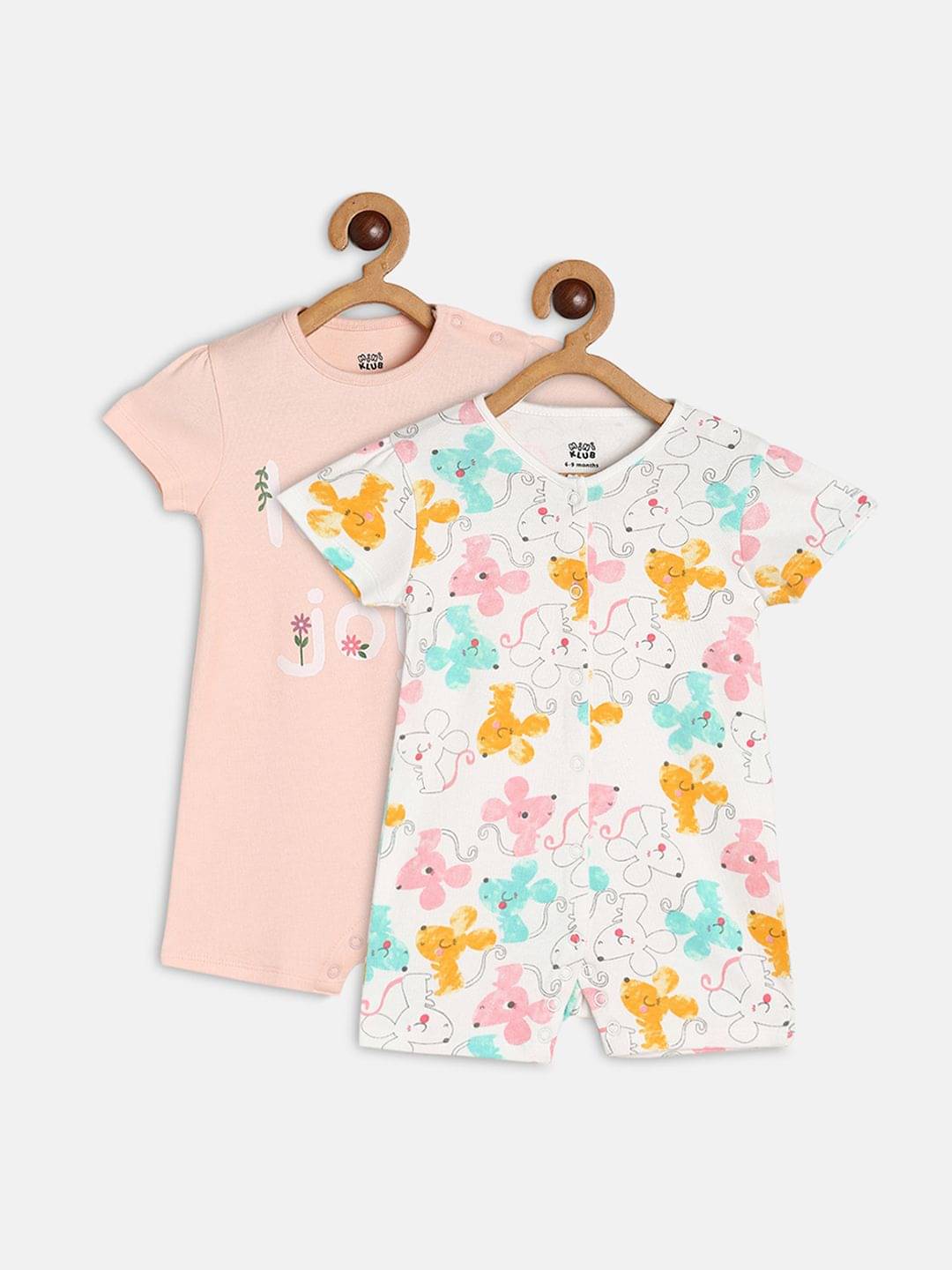 miniklub Multicolor Cotton Rompers For Baby Girl ( Pack of 2 )     			miniklub Multicolor Cotton Rompers For Baby Girl ( Pack of 2 )