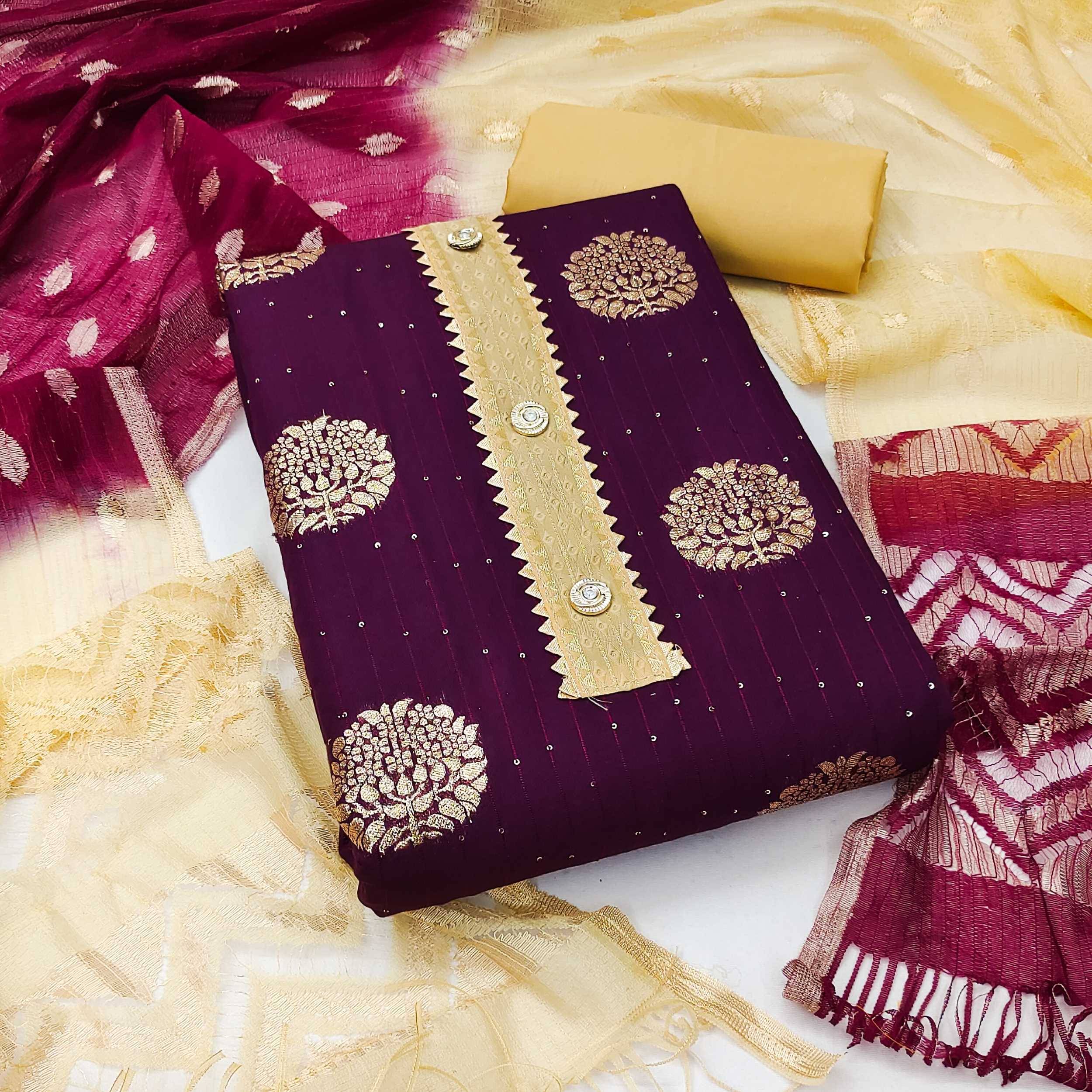     			pandadi saree Unstitched Banarasi Embroidered Dress Material - Purple ( Pack of 1 )