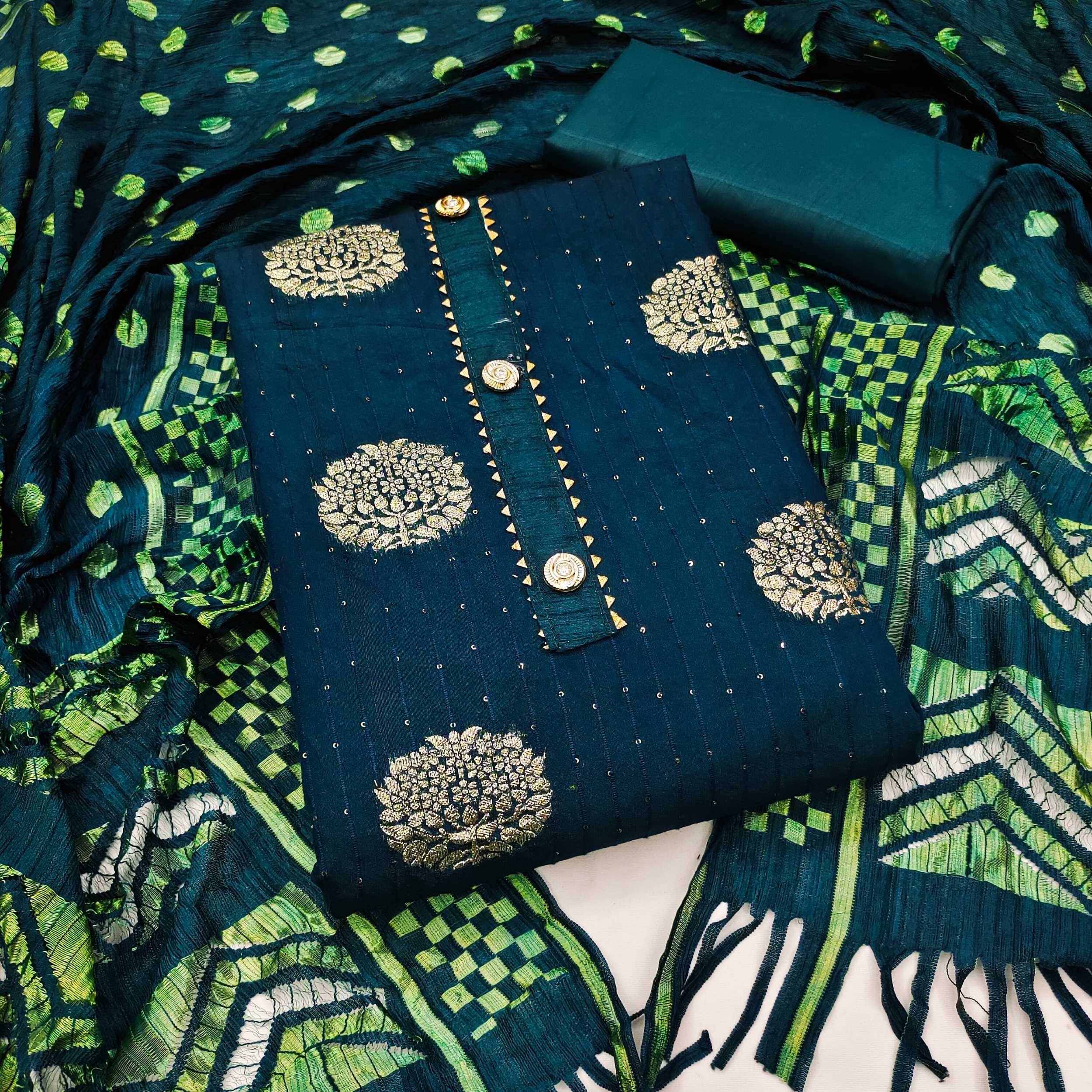     			pandadi saree Unstitched Banarasi Embroidered Dress Material - Teal ( Pack of 1 )