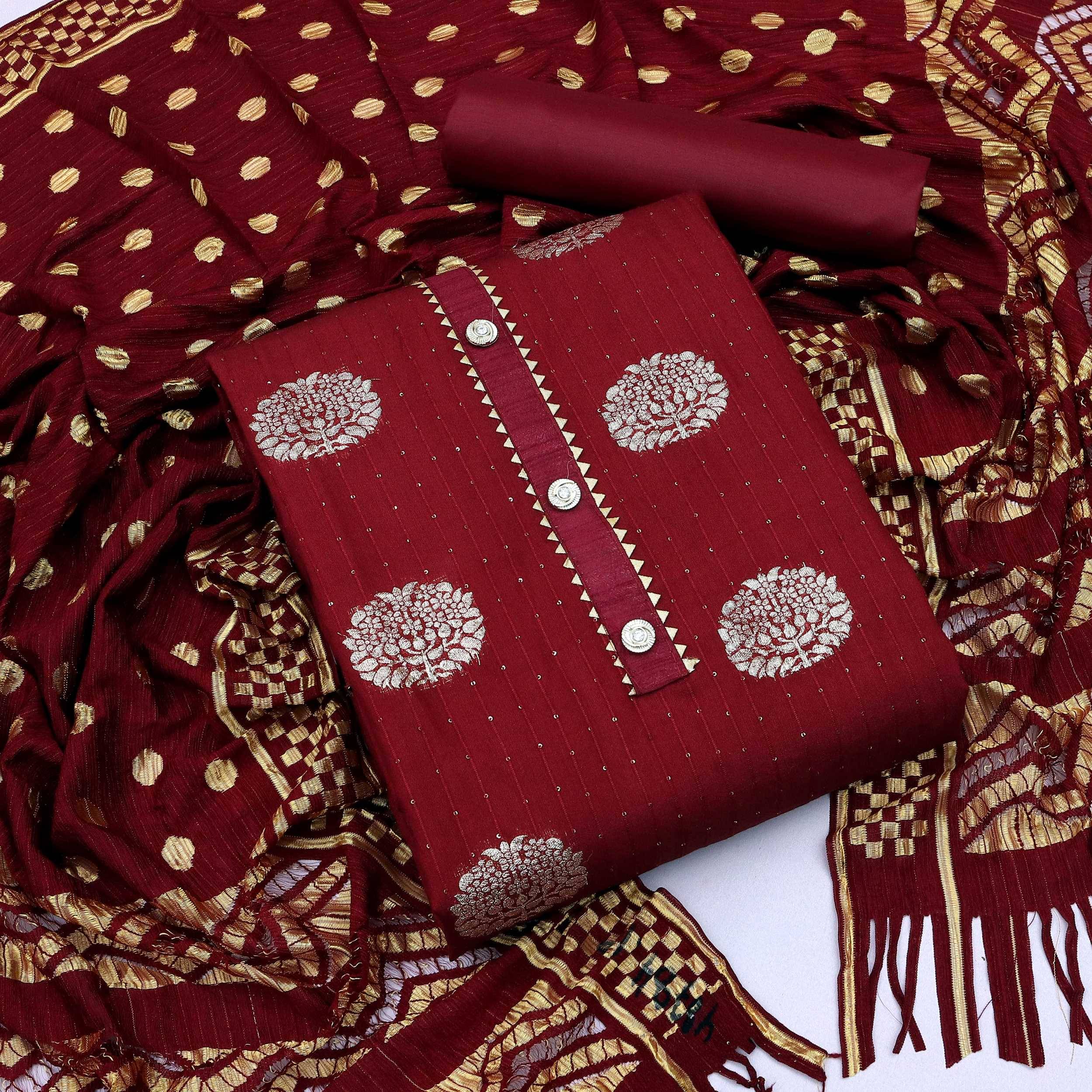 pandadi saree Unstitched Banarasi Embroidered Dress Material - Maroon ( Pack of 1 ) pandadi saree Unstitched Banarasi Embroidered Dress Material - Maroon ( Pack of 1 )