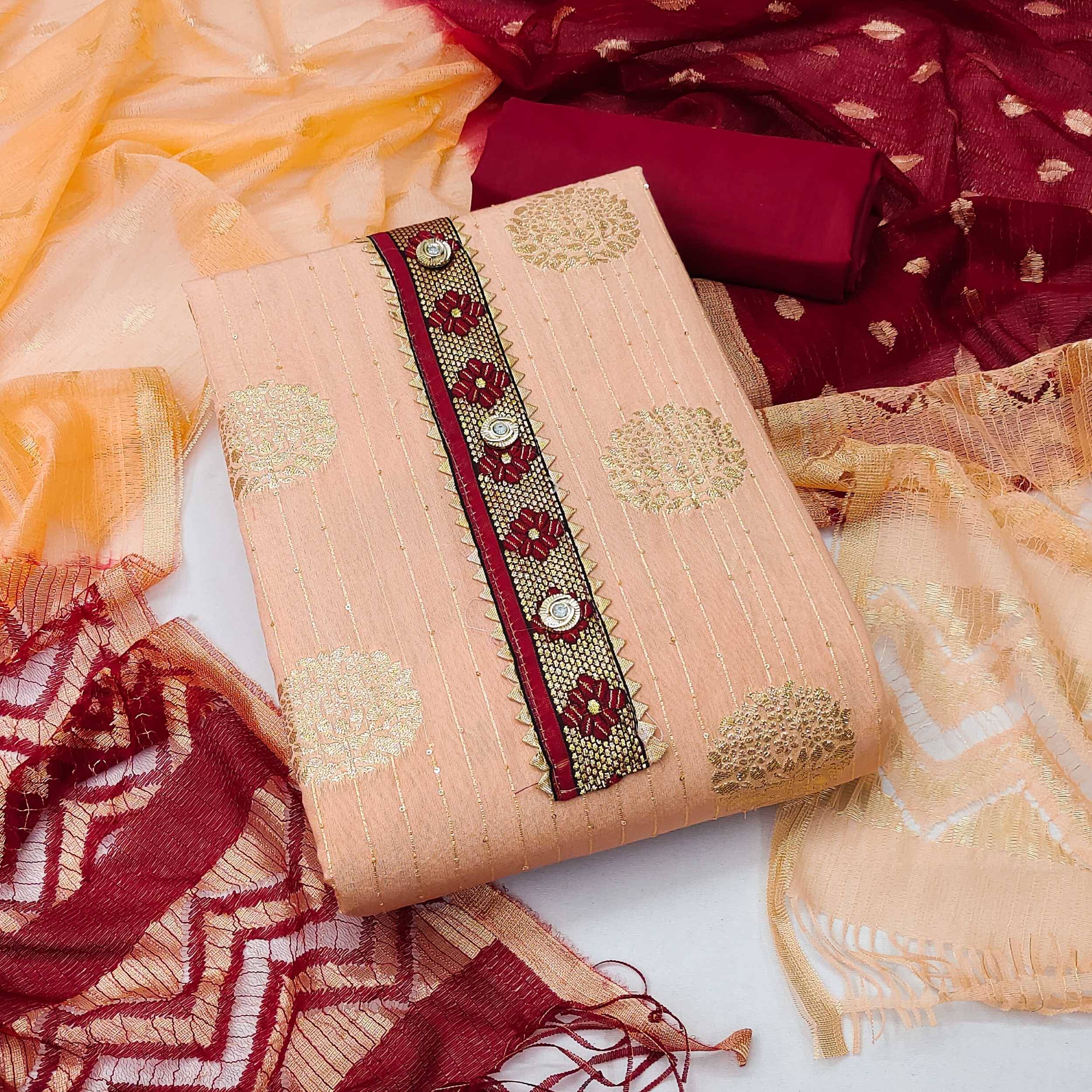     			pandadi saree Unstitched Banarasi Embroidered Dress Material - Peach ( Pack of 1 )