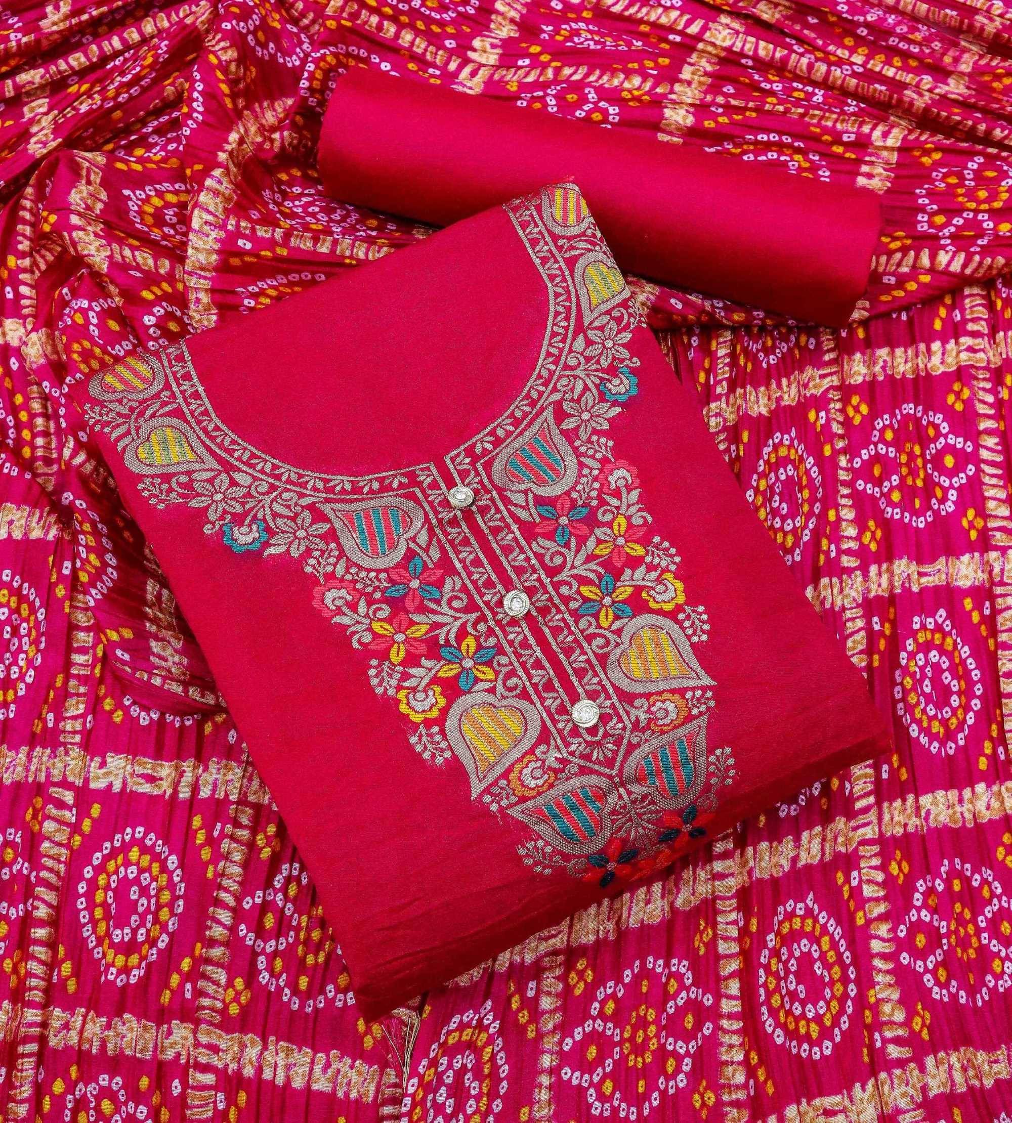 pandadi saree Unstitched Banarasi Embroidered Dress Material - Red ( Pack of 1 ) pandadi saree Unstitched Banarasi Embroidered Dress Material - Red ( Pack of 1 )