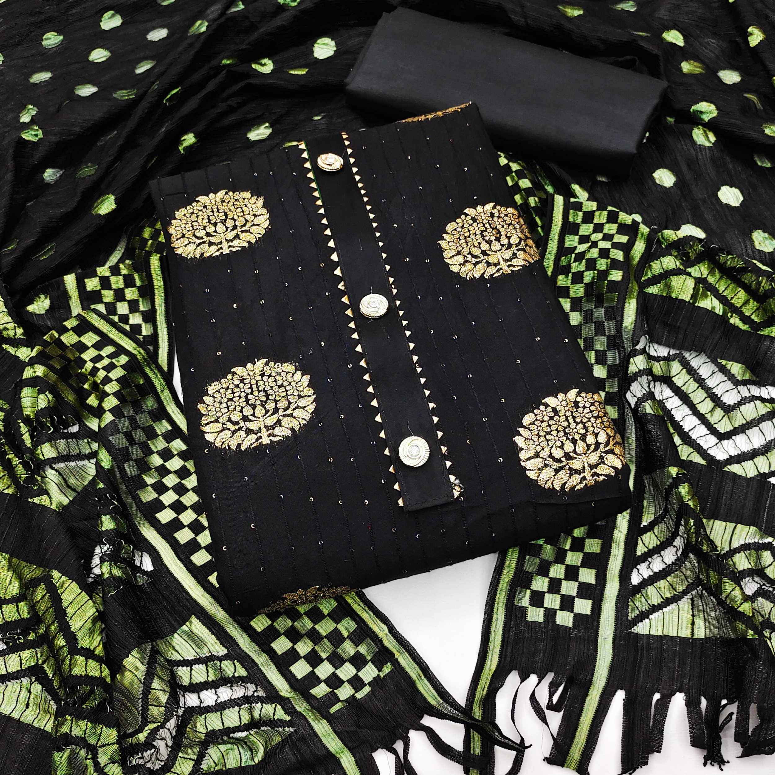 pandadi saree Unstitched Banarasi Embroidered Dress Material - Black ( Pack of 1 ) pandadi saree Unstitched Banarasi Embroidered Dress Material - Black ( Pack of 1 )
