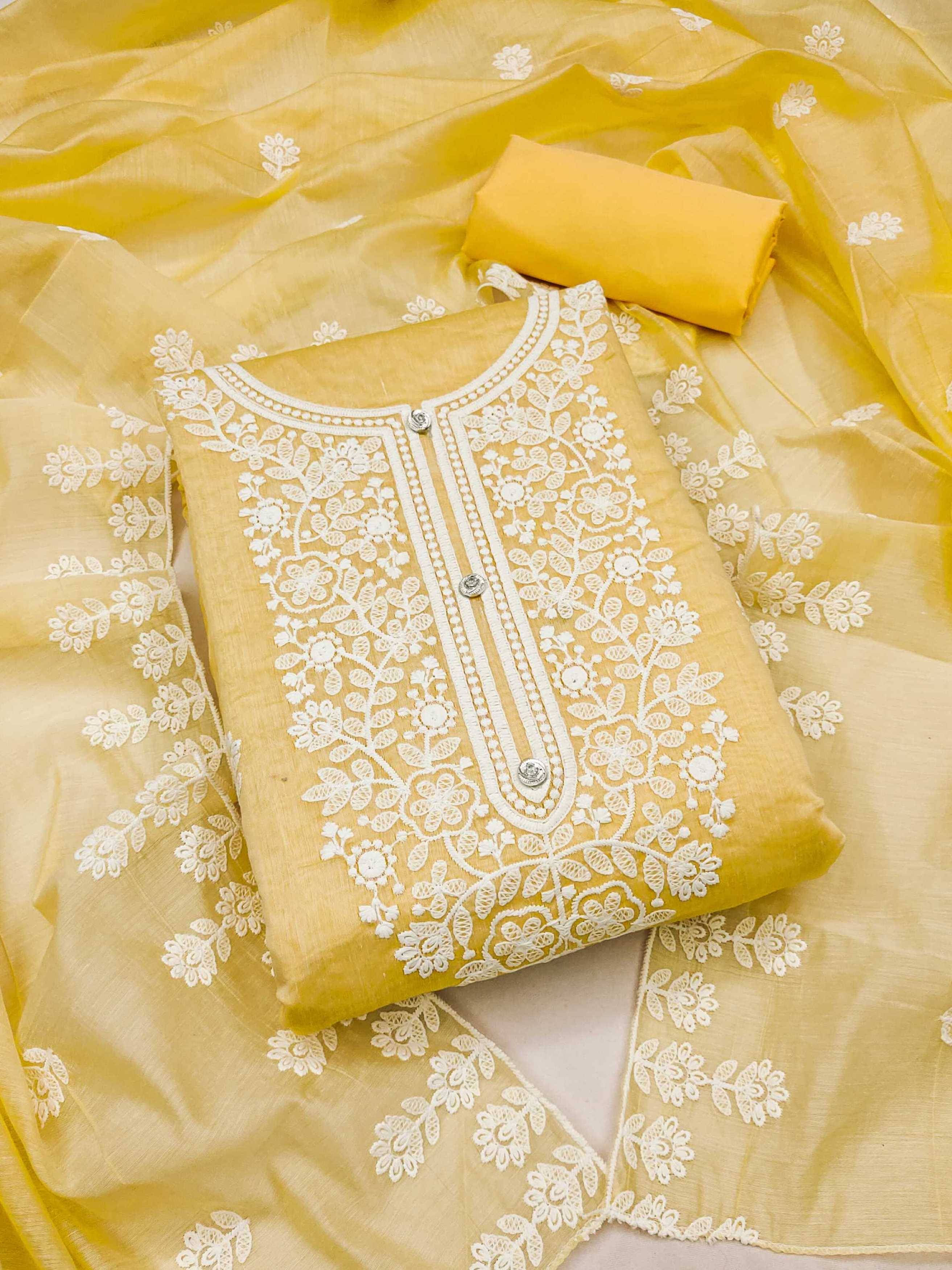 pandadi saree Unstitched Chanderi Embroidered Dress Material - Yellow ( Pack of 1 ) pandadi saree Unstitched Chanderi Embroidered Dress Material - Yellow ( Pack of 1 )