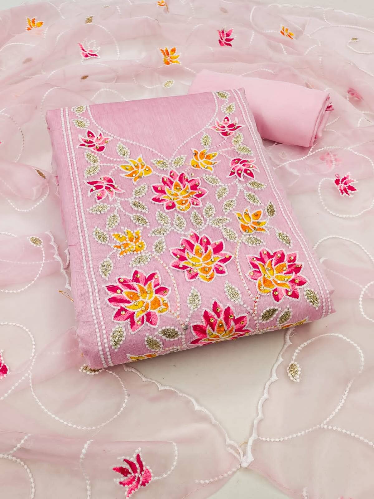     			pandadi saree Unstitched Chanderi Embroidered Dress Material - Pink ( Pack of 1 )