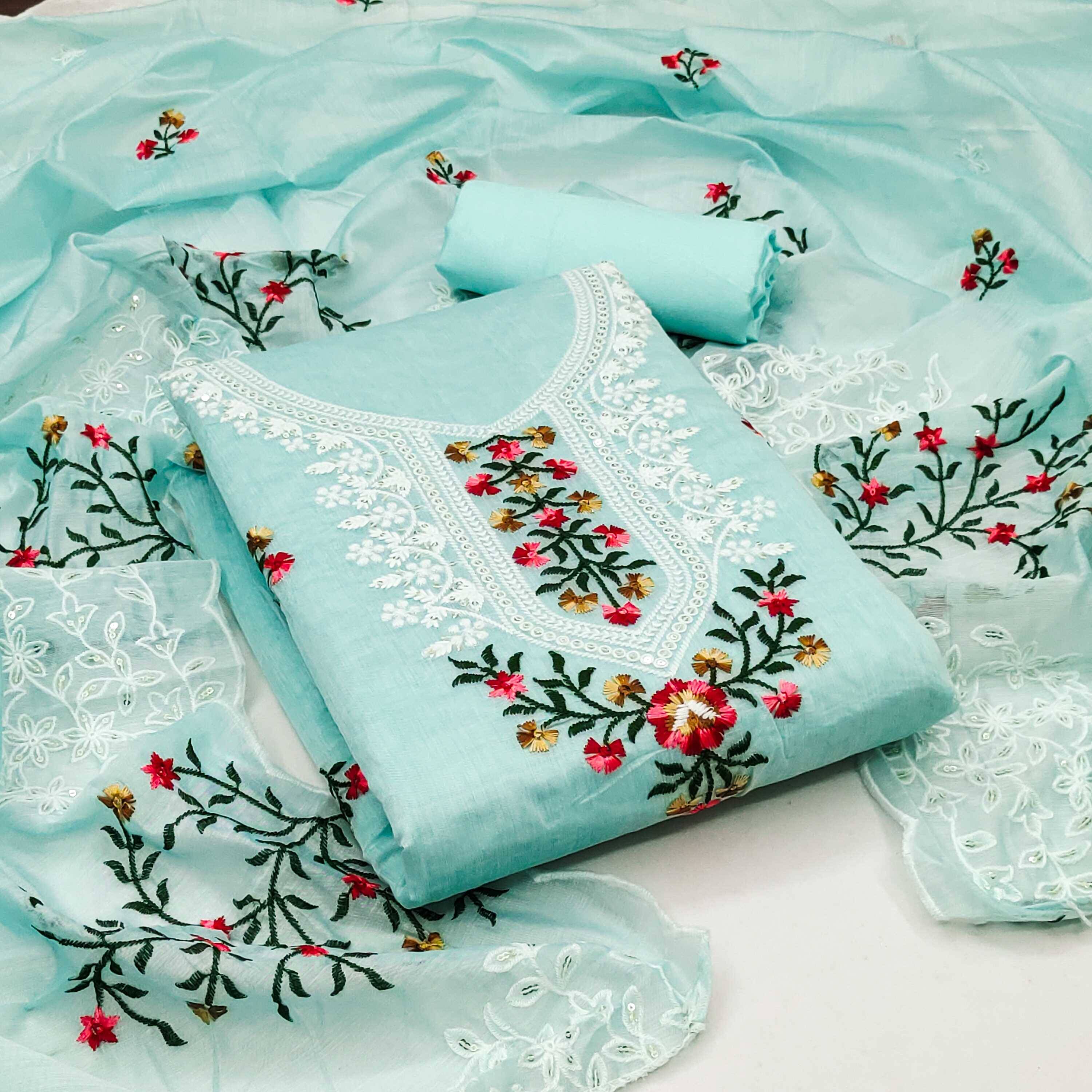     			pandadi saree Unstitched Chanderi Embroidered Dress Material - Blue ( Pack of 1 )