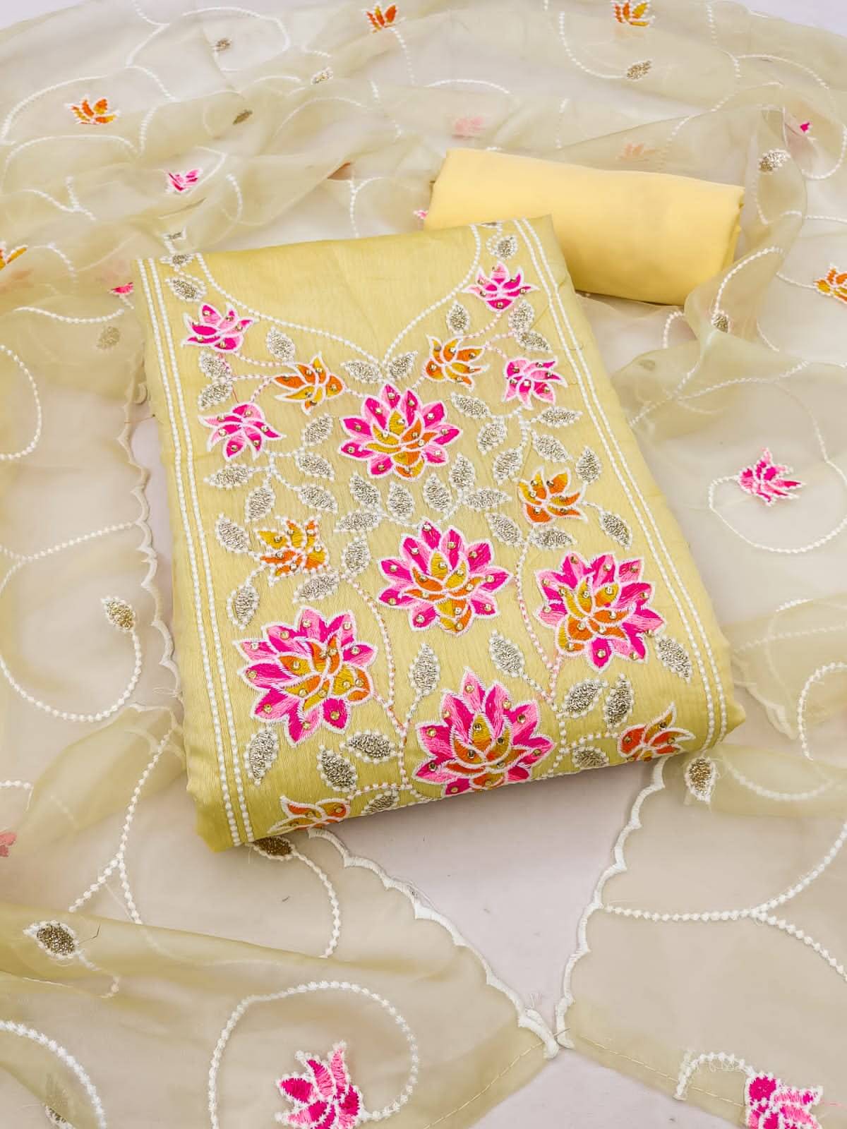     			pandadi saree Unstitched Chanderi Embroidered Dress Material - Yellow ( Pack of 1 )