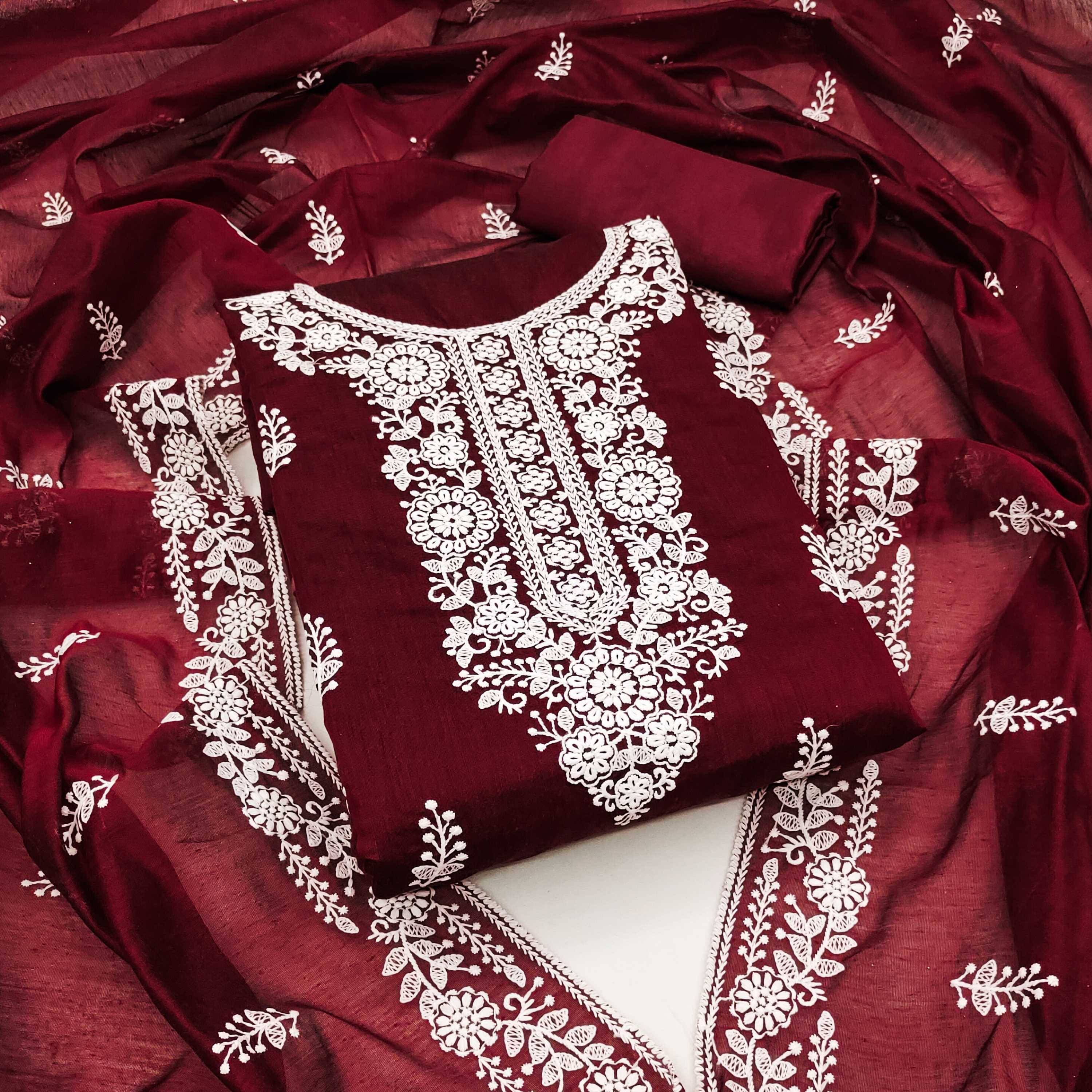pandadi saree Unstitched Chanderi Embroidered Dress Material - Maroon ( Pack of 1 ) pandadi saree Unstitched Chanderi Embroidered Dress Material - Maroon ( Pack of 1 )