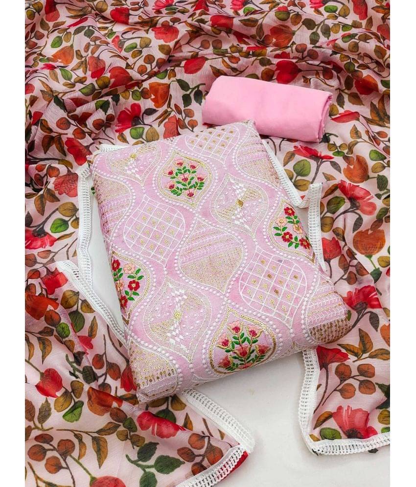     			pandadi saree Unstitched Chanderi Embroidered Dress Material - Pink ( Pack of 1 )