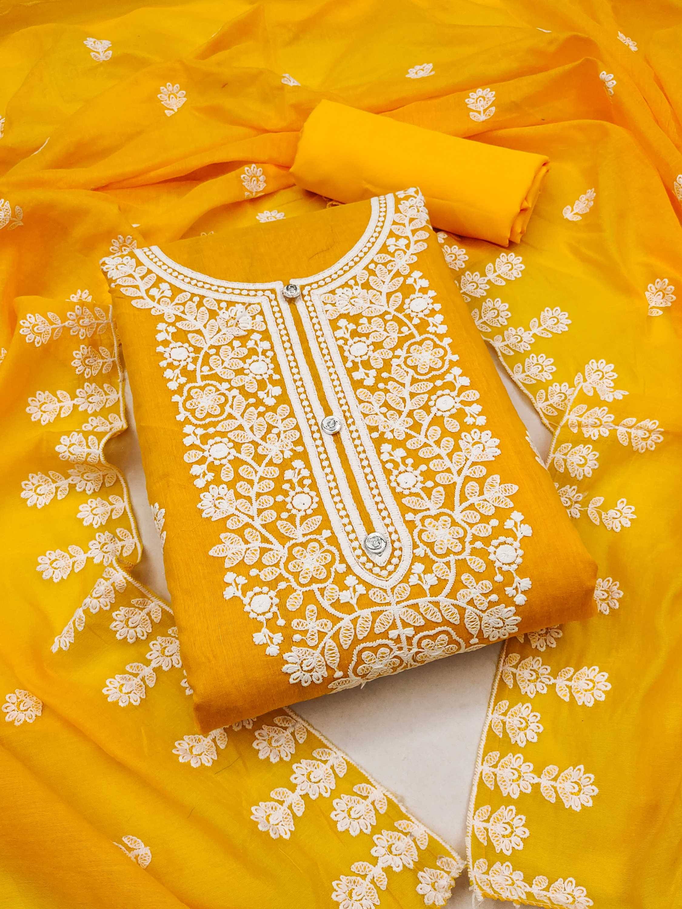 pandadi saree Unstitched Chanderi Embroidered Dress Material - Mustard ( Pack of 1 ) pandadi saree Unstitched Chanderi Embroidered Dress Material - Mustard ( Pack of 1 )