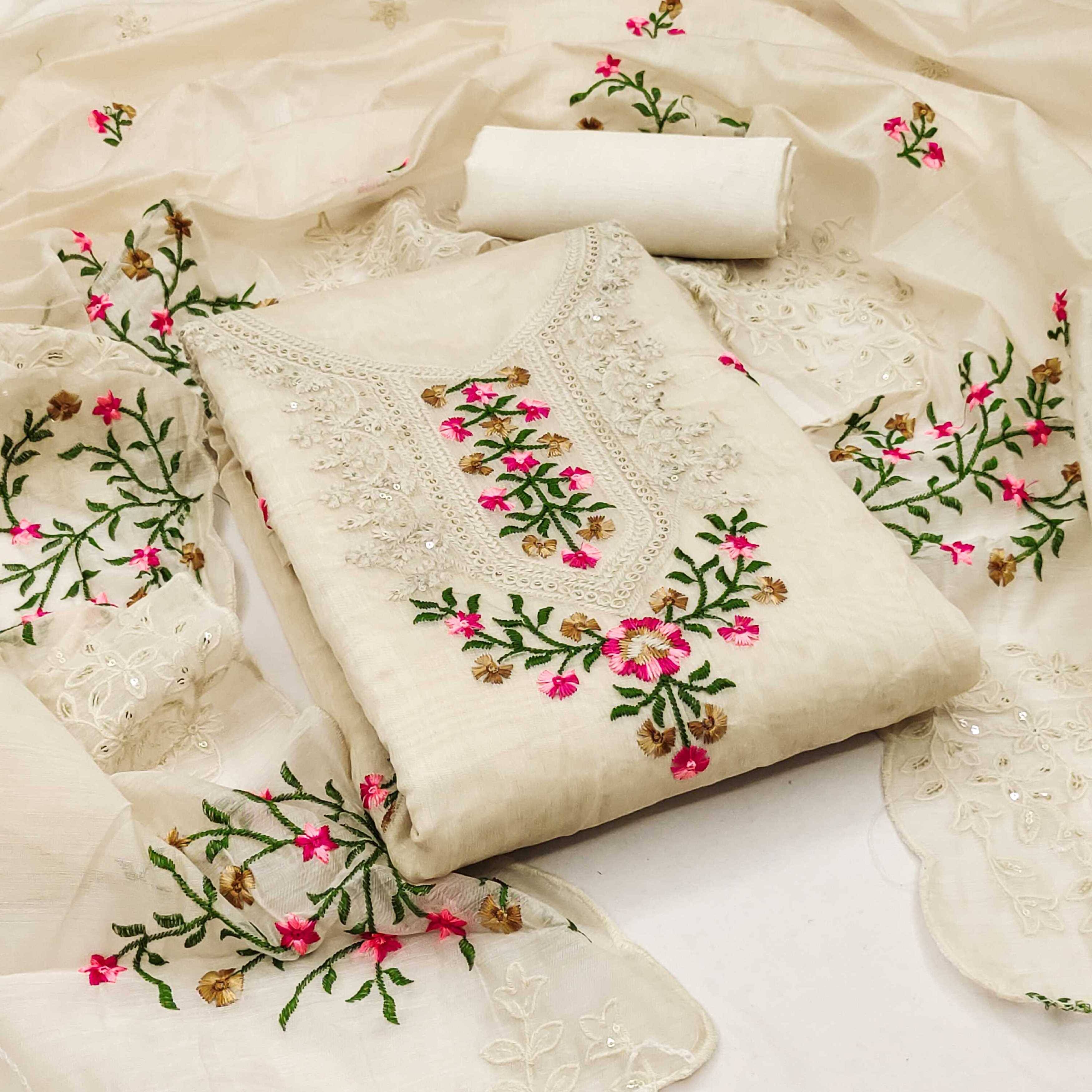     			pandadi saree Unstitched Chanderi Embroidered Dress Material - Cream ( Pack of 1 )