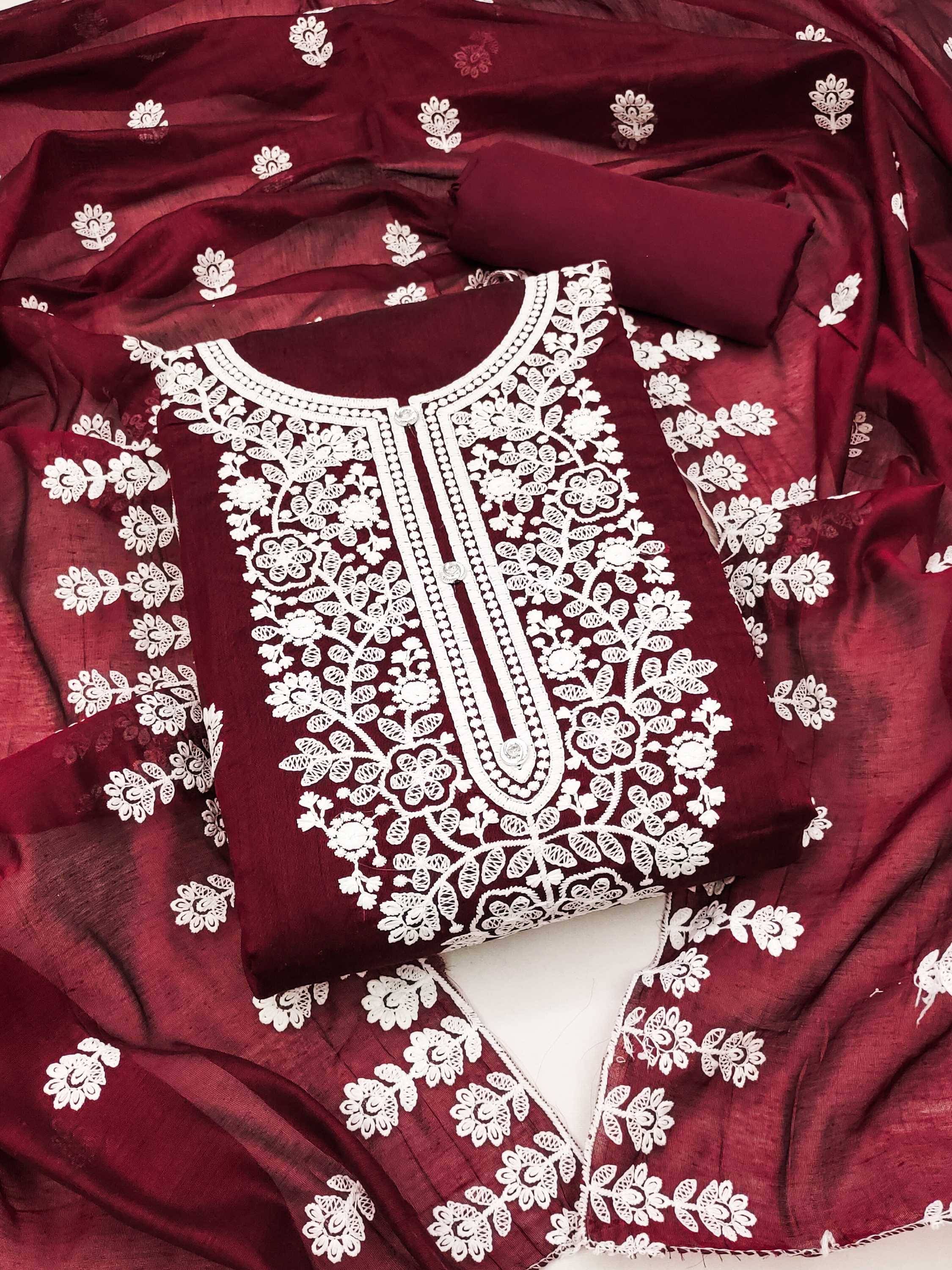     			pandadi saree Unstitched Chanderi Embroidered Dress Material - Maroon ( Pack of 1 )