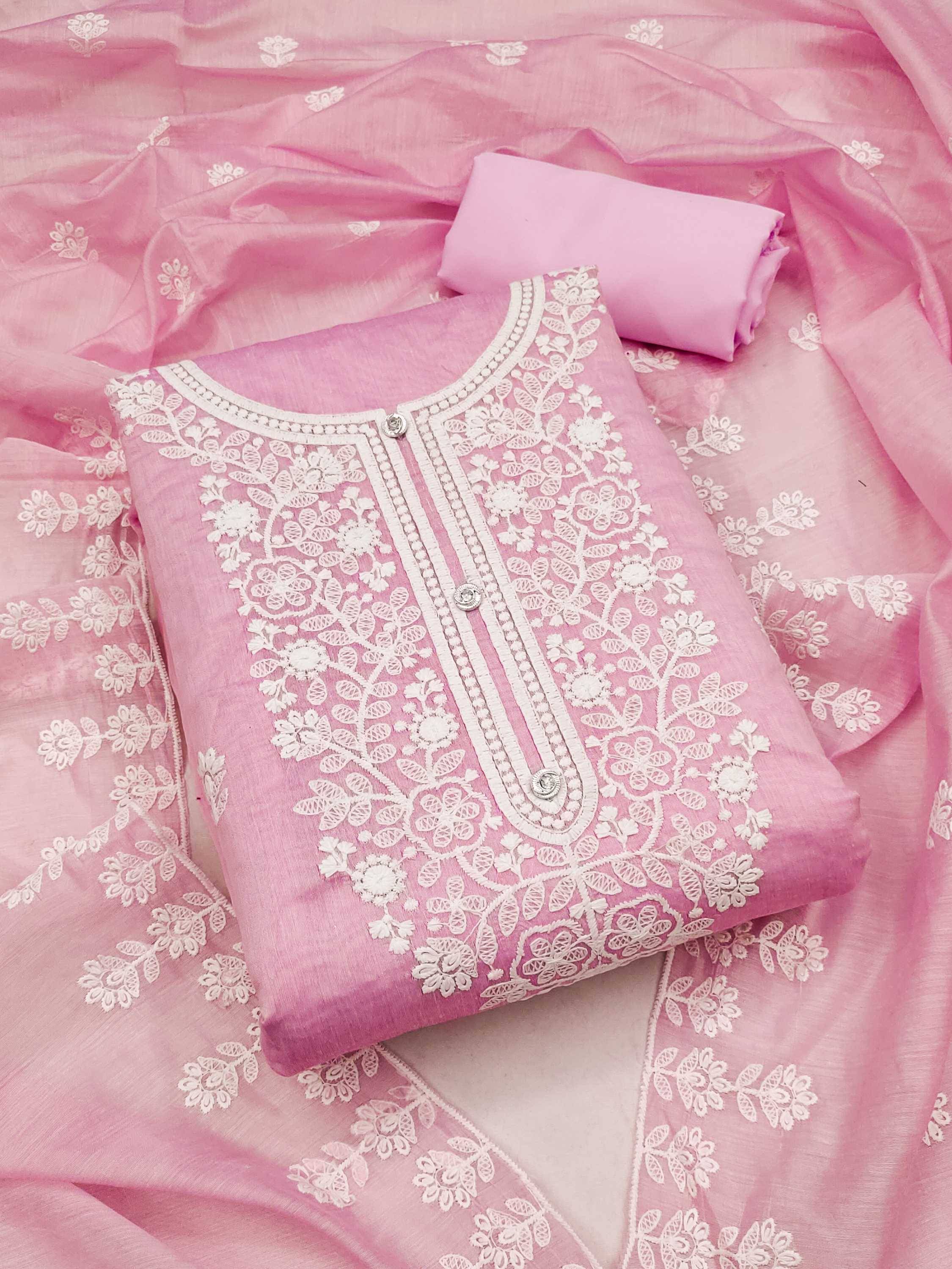     			pandadi saree Unstitched Chanderi Embroidered Dress Material - Peach ( Pack of 1 )