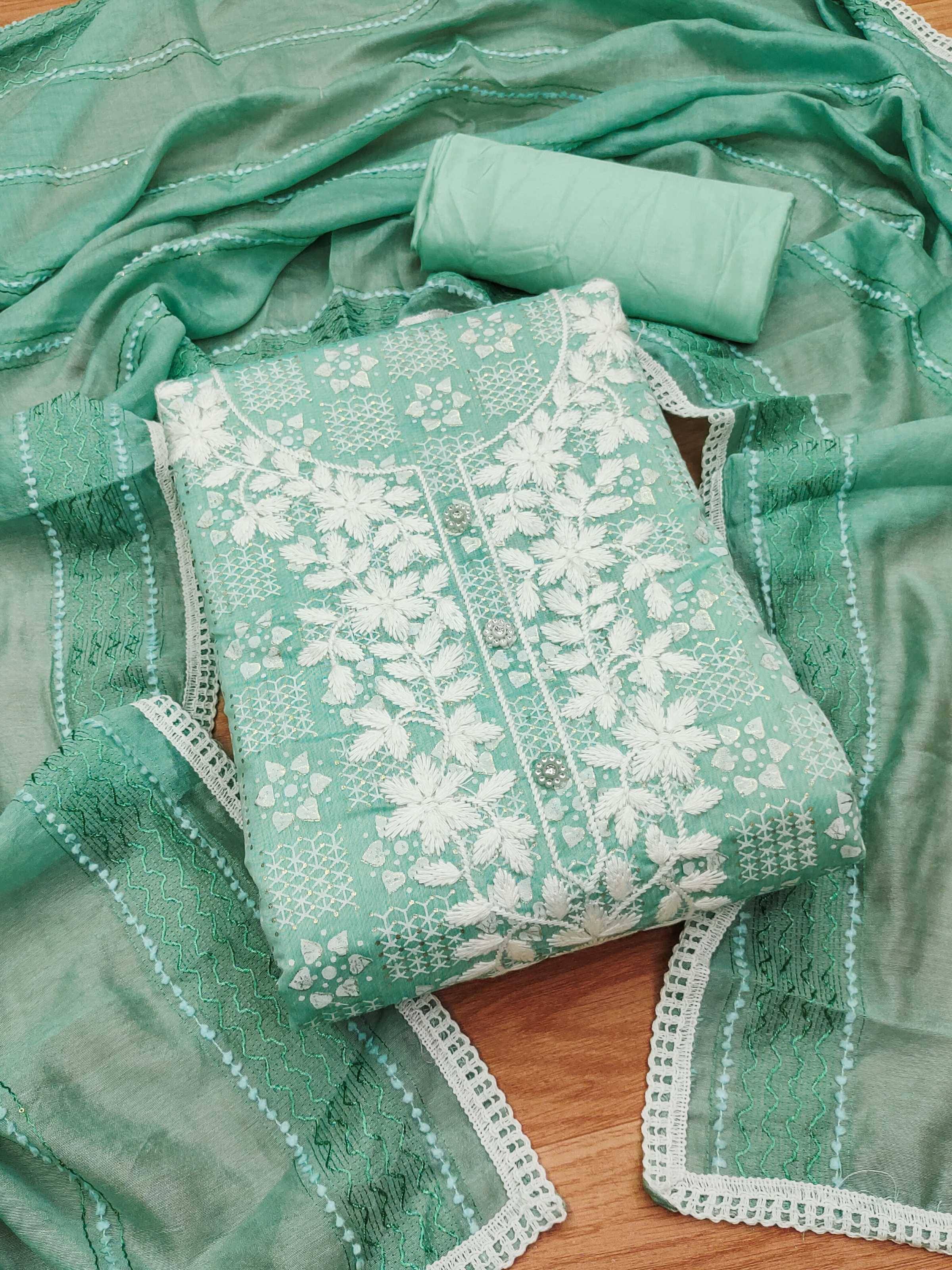     			pandadi saree Unstitched Chanderi Embroidered Dress Material - Turquoise ( Pack of 1 )