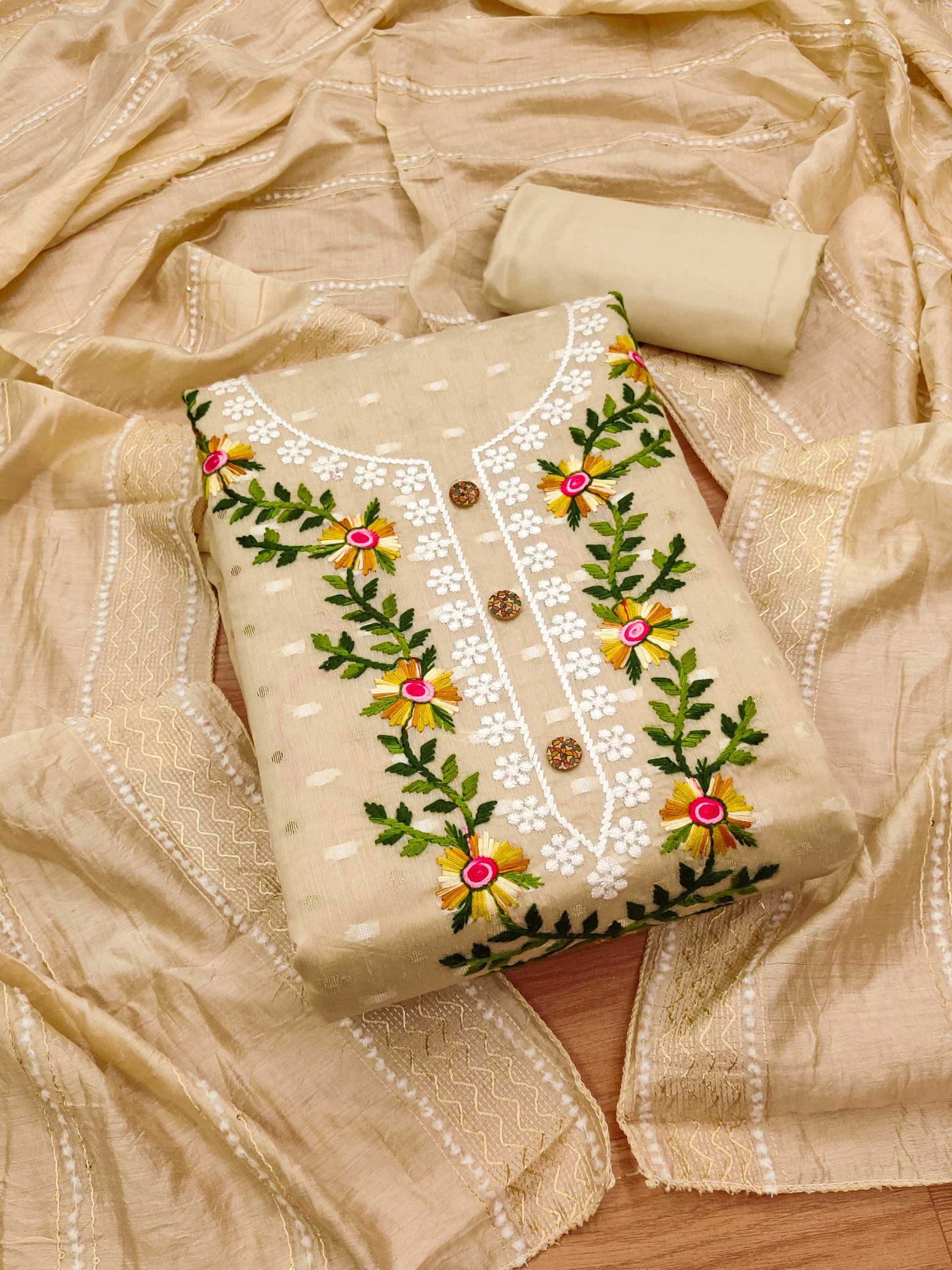 pandadi saree Unstitched Chanderi Embroidered Dress Material - Beige ( Pack of 1 ) pandadi saree Unstitched Chanderi Embroidered Dress Material - Beige ( Pack of 1 )