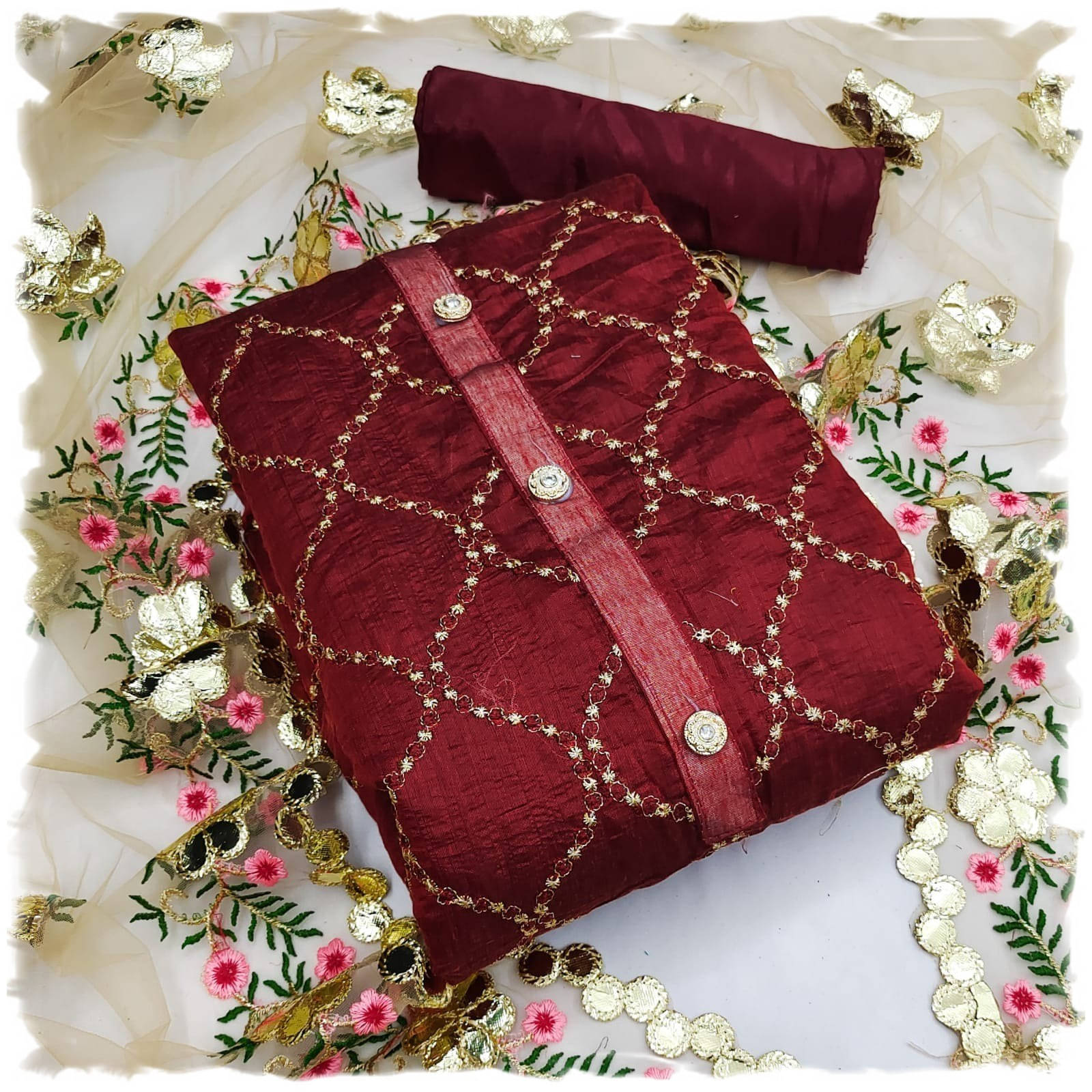 pandadi saree Unstitched Chanderi Printed Dress Material - Maroon ( Pack of 1 ) pandadi saree Unstitched Chanderi Printed Dress Material - Maroon ( Pack of 1 )