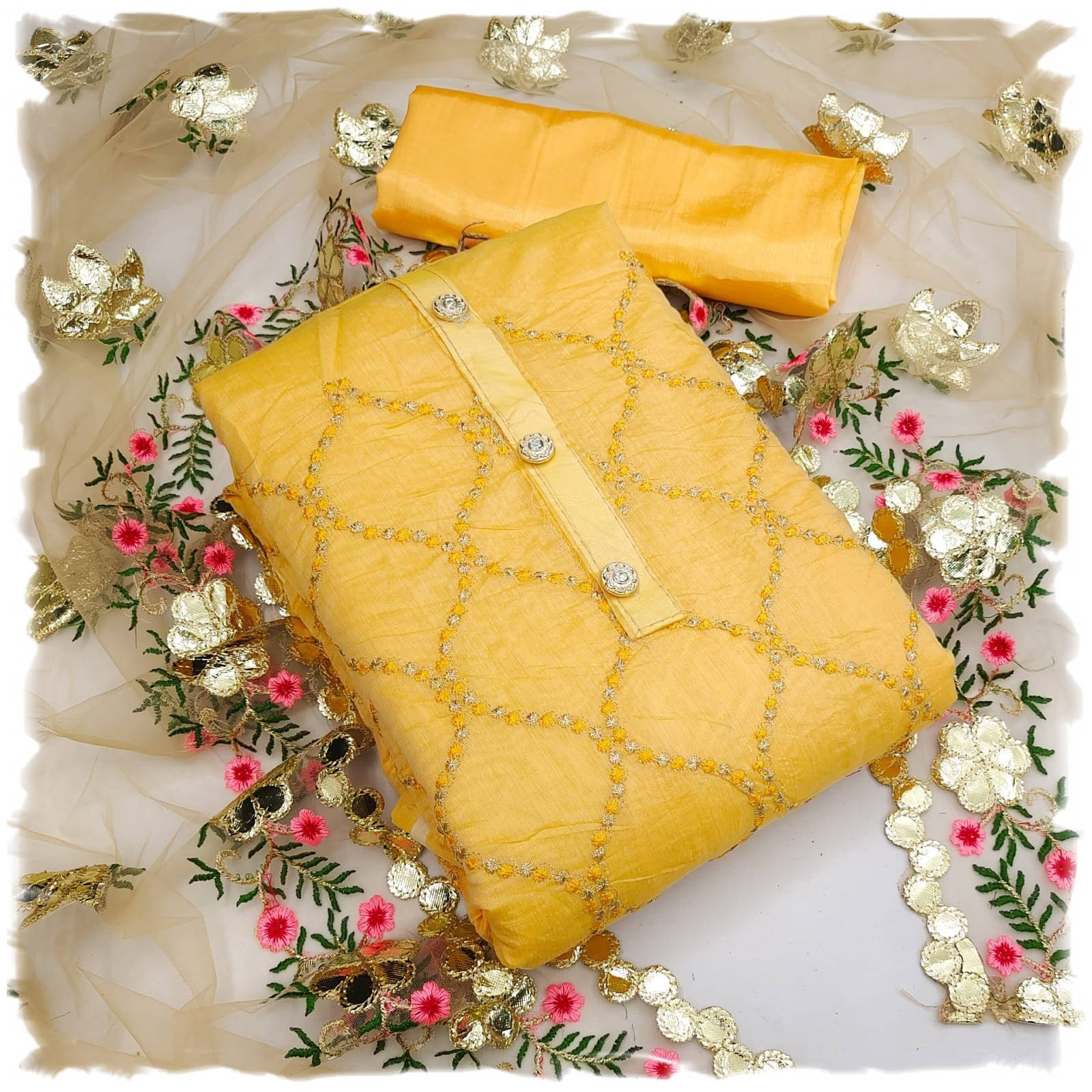 pandadi saree Unstitched Chanderi Printed Dress Material - Yellow ( Pack of 1 ) pandadi saree Unstitched Chanderi Printed Dress Material - Yellow ( Pack of 1 )