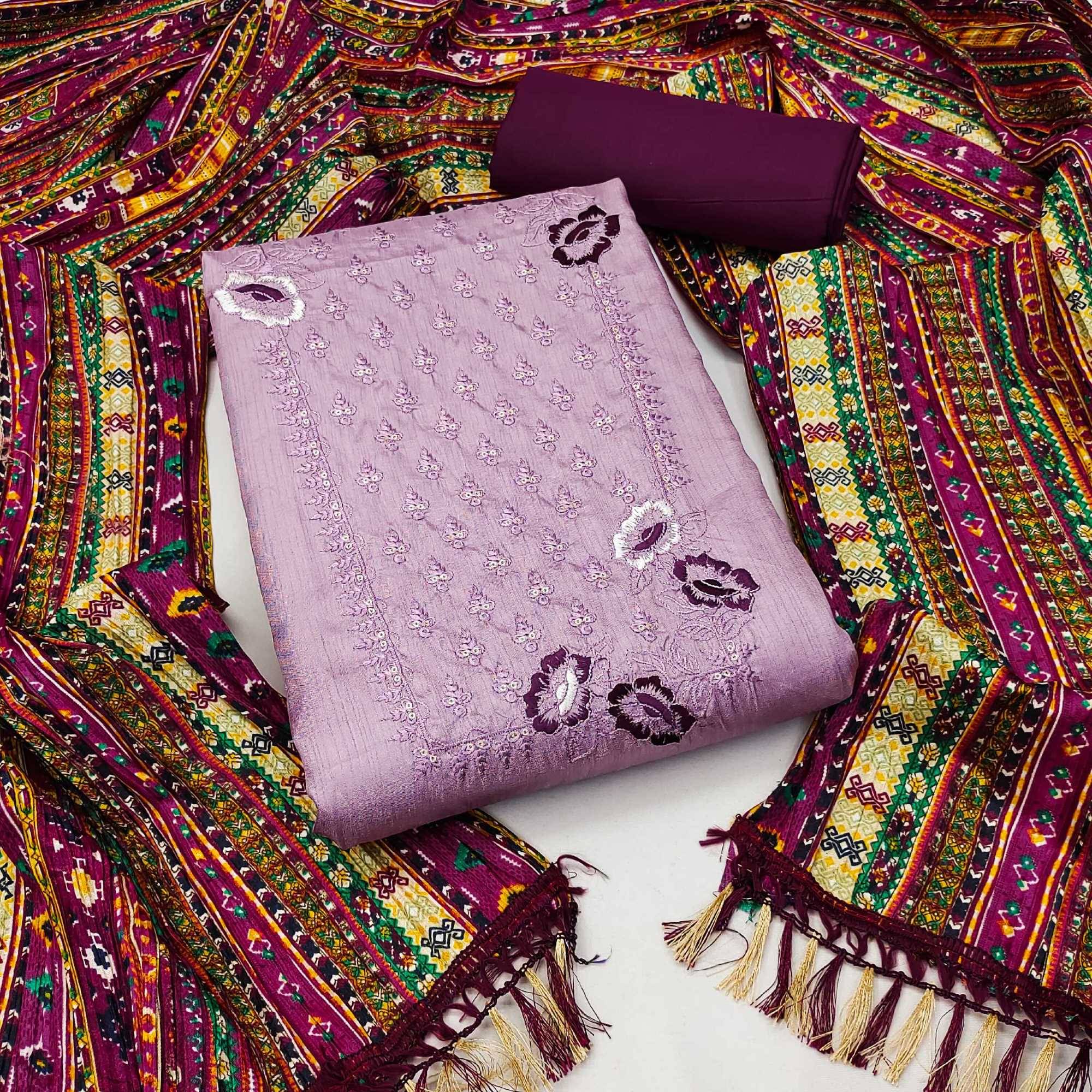     			pandadi saree Unstitched Cotton Embroidered Dress Material - Purple ( Pack of 1 )