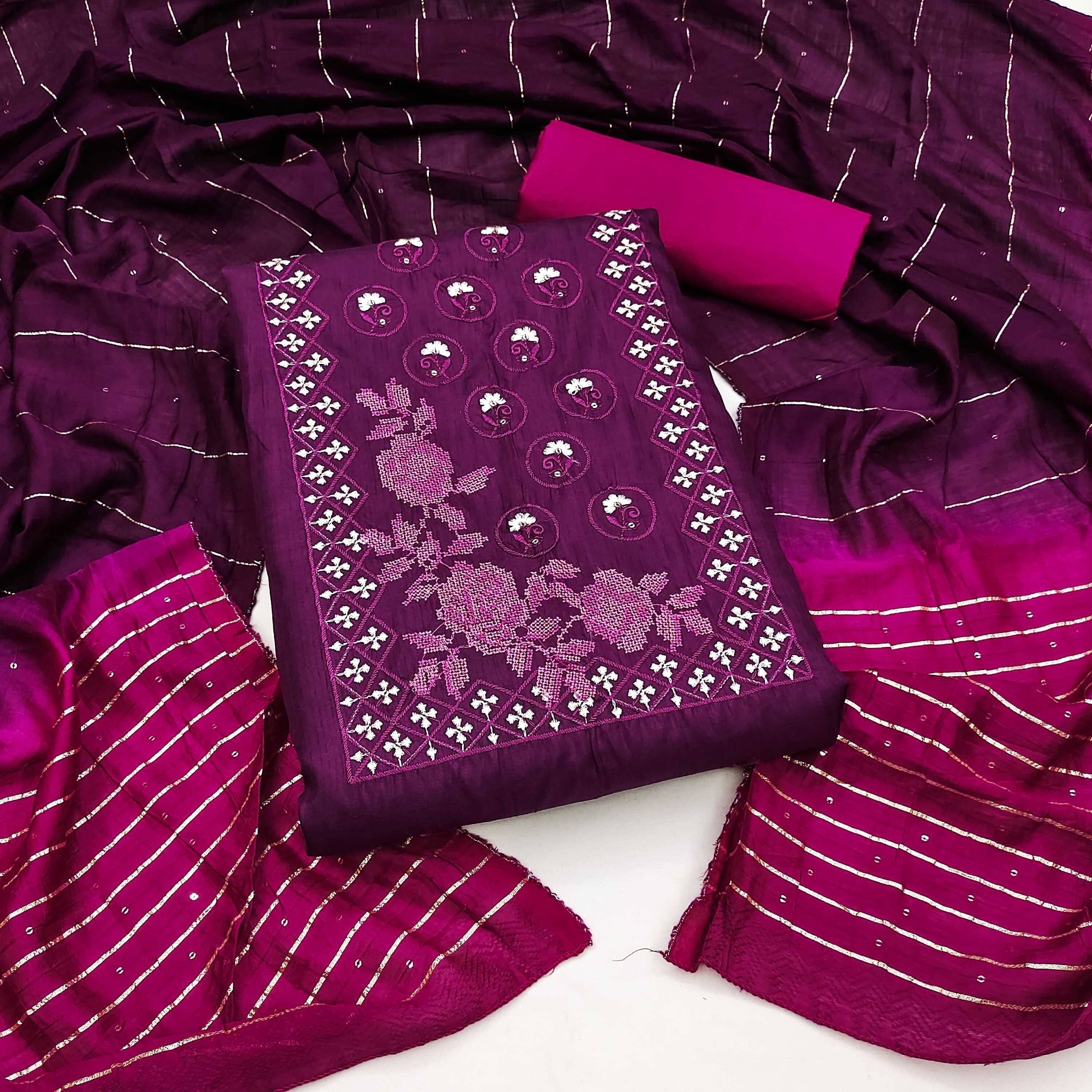 pandadi saree Unstitched Cotton Embroidered Dress Material - Purple ( Pack of 1 ) pandadi saree Unstitched Cotton Embroidered Dress Material - Purple ( Pack of 1 )