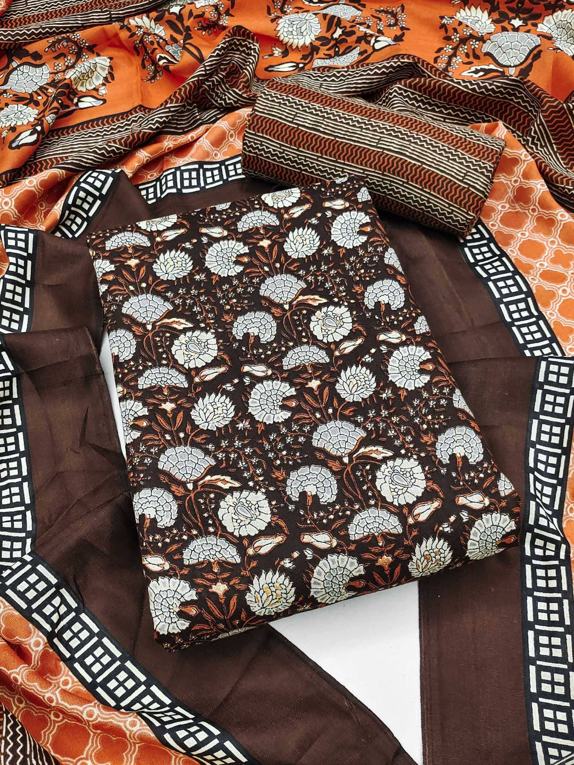 pandadi saree Unstitched Cotton Printed Dress Material - Brown ( Pack of 1 ) pandadi saree Unstitched Cotton Printed Dress Material - Brown ( Pack of 1 )