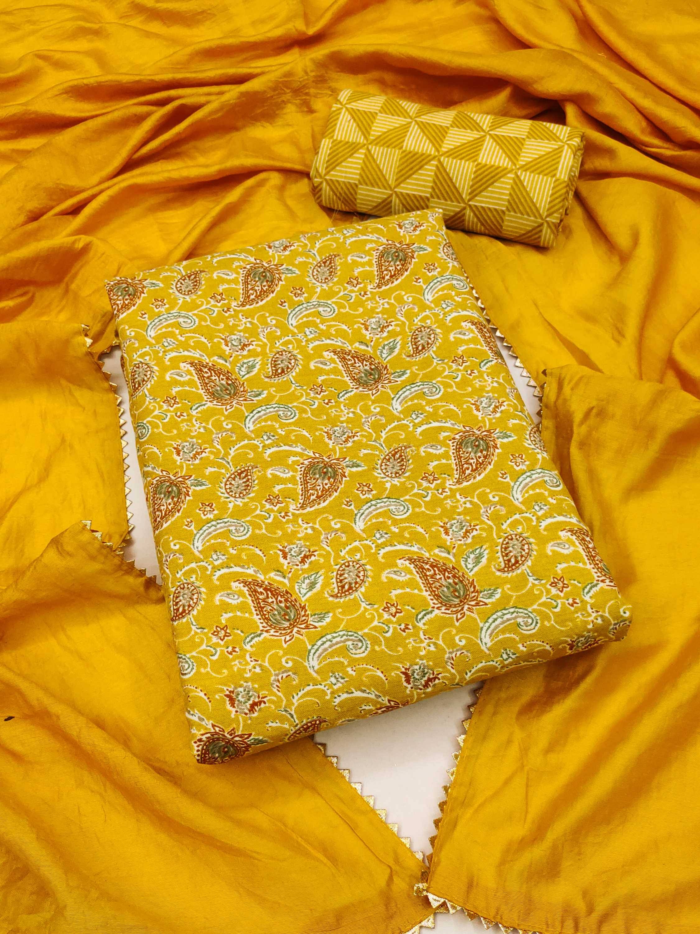pandadi saree Unstitched Cotton Printed Dress Material - Yellow ( Pack of 1 ) pandadi saree Unstitched Cotton Printed Dress Material - Yellow ( Pack of 1 )