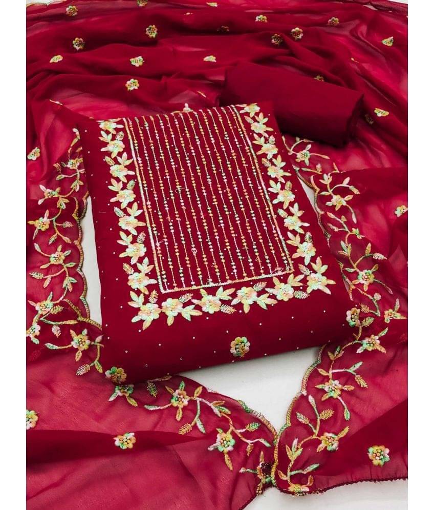     			pandadi saree Unstitched Georgette Embroidered Dress Material - Red ( Pack of 1 )